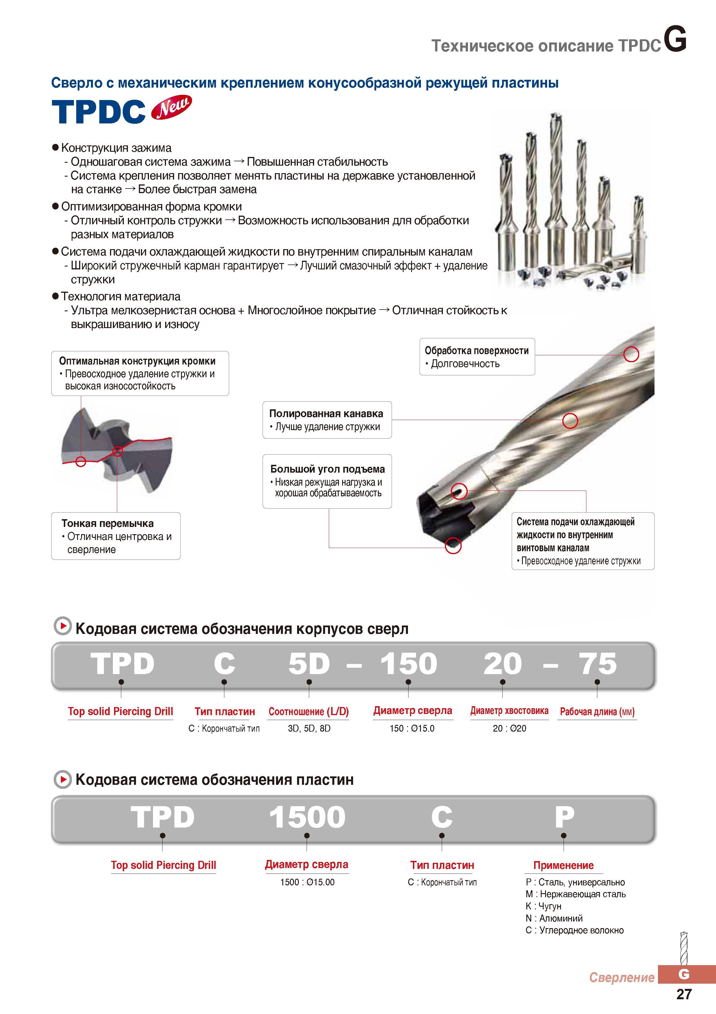 828 Техническое описание сборного сверл Korloy TRDC с механическим креплением конусообразной режущей головки Система крепления позволяет менять пластины Каталог KORLOY 2016 Металлорежущий инструмент и инструментальная оснастка для токарных фрезерных резьбонарезных сверлильных расточных технологических операций на станках Стр. G27