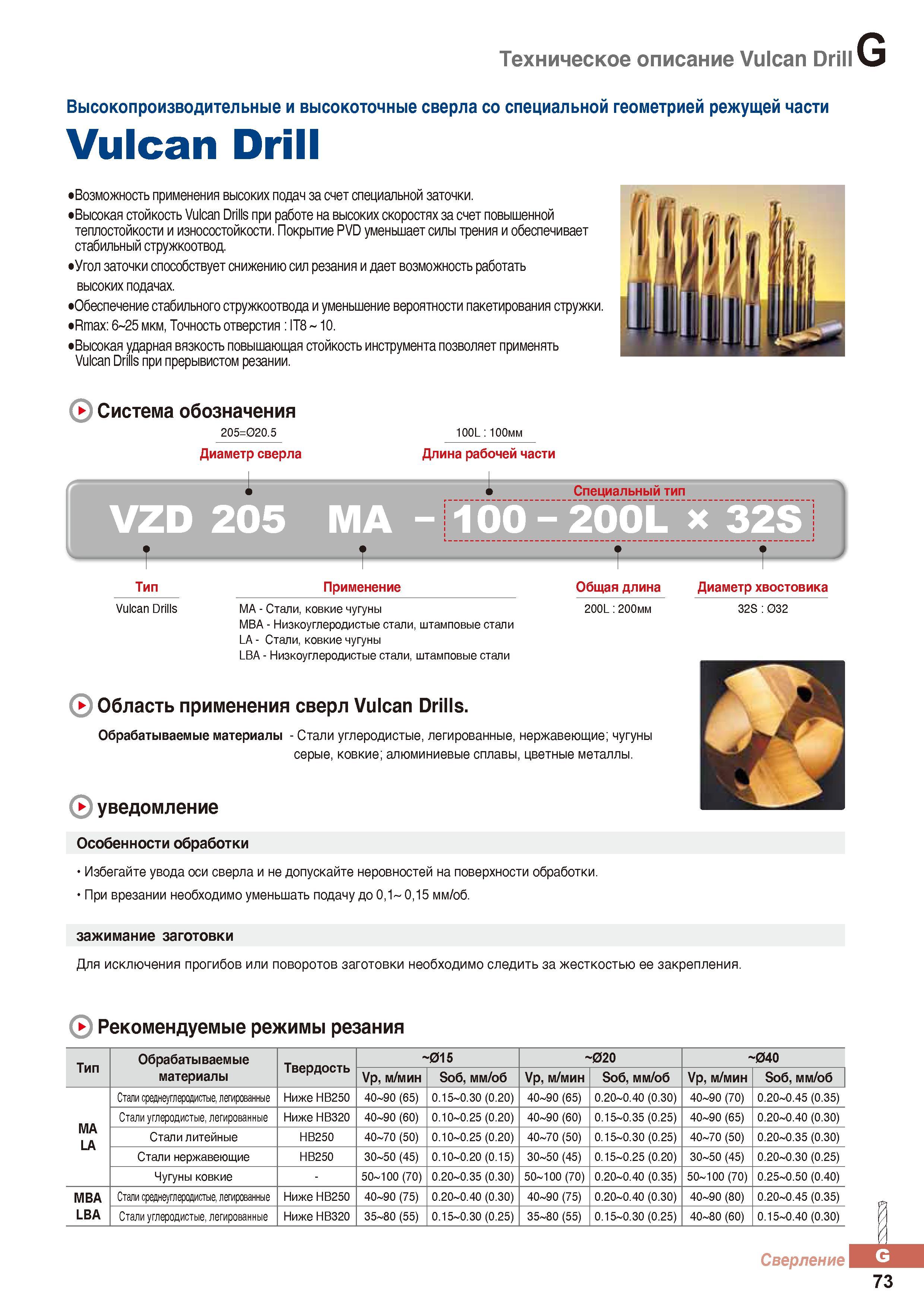874 Основные характеристики высокопроизводительных и высокоточных сверл Korloy Vulcan Drill со специальной геометрией режущей части Каталог KORLOY 2016 Металлорежущий инструмент и инструментальная оснастка для токарных фрезерных резьбонарезных сверлильных расточных технологических операций на станках Стр. G73
