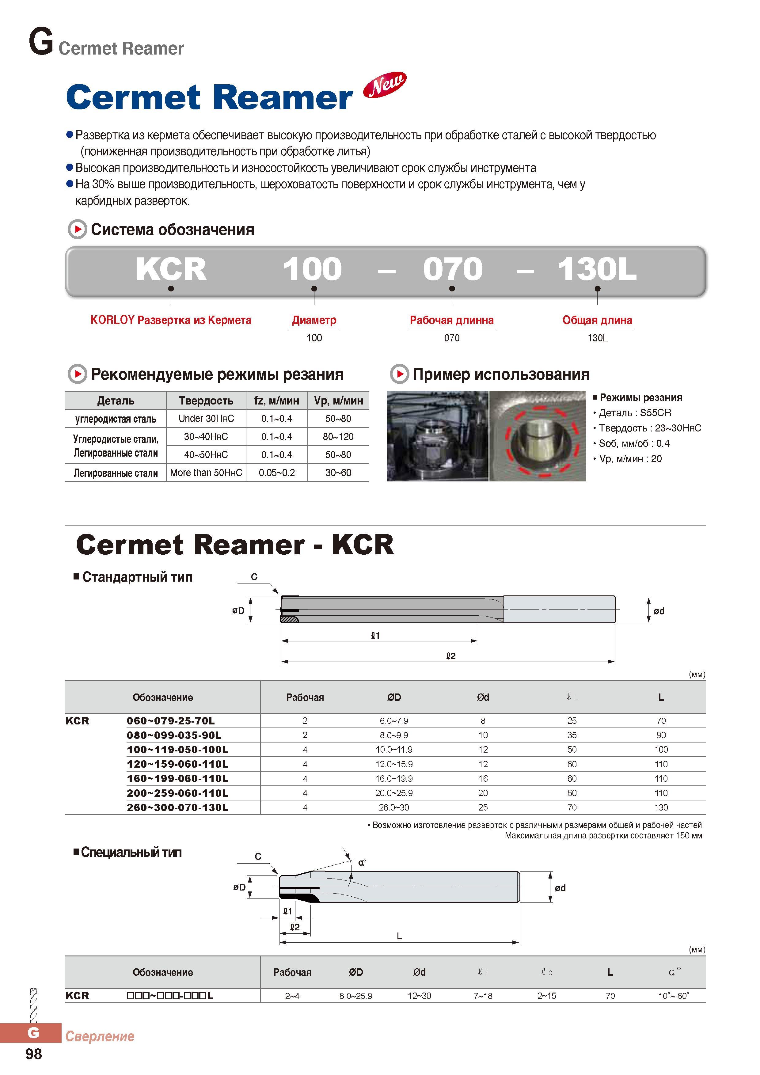 899 Развертка Korloy Cermet Reamer из кермета обеспечивает высокую производительность при обработке сталей с высокой твердостью Каталог KORLOY 2016 Металлорежущий инструмент и инструментальная оснастка для токарных фрезерных резьбонарезных сверлильных расточных технологических операций на станках Стр. G98