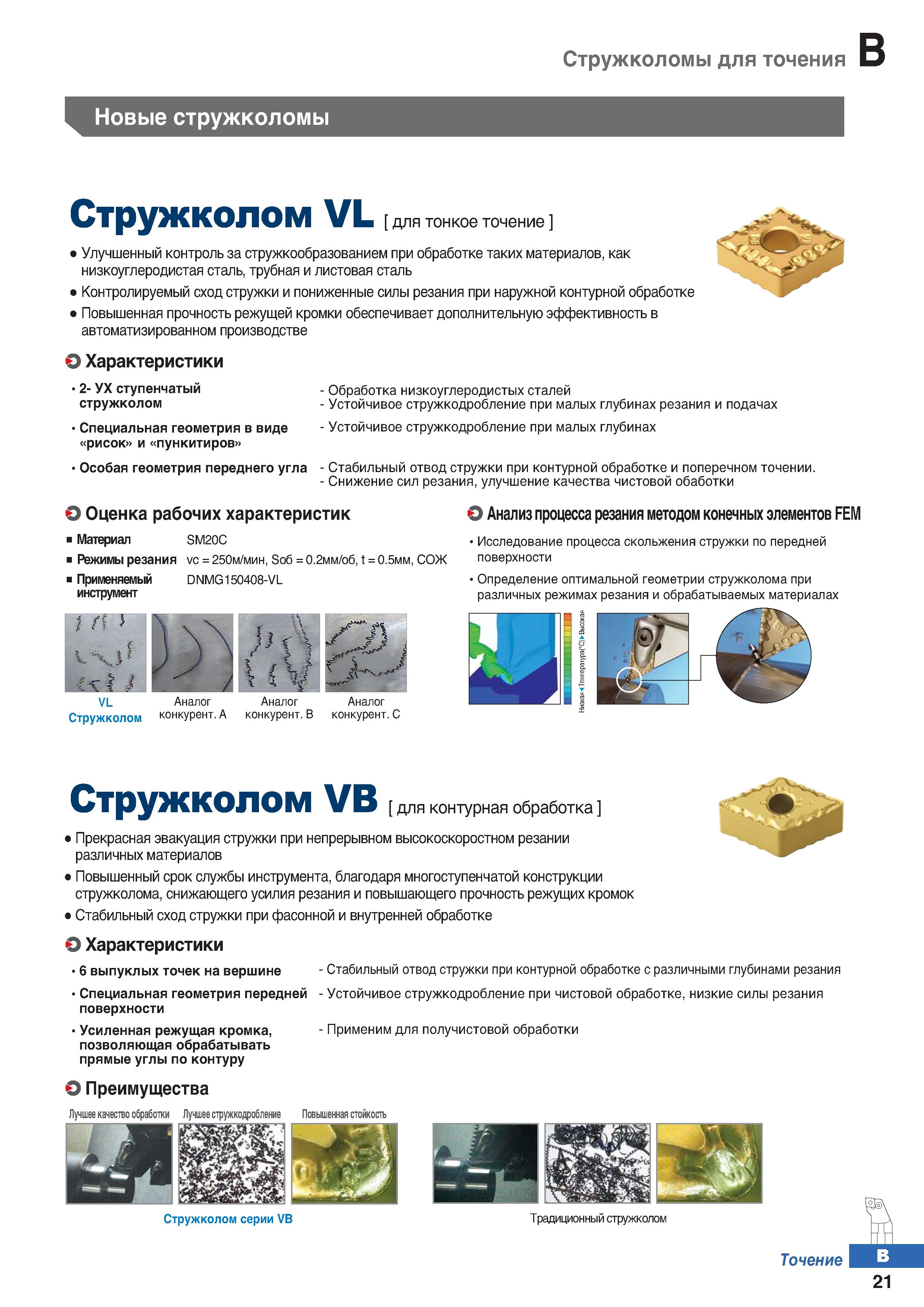 88 Стружколомы для точения Новые стружколомы Стружколом VL для тонкое точение Улучшенный контроль за стружкообразованием при обработк Каталог KORLOY 2018 Инструмент и станочная оснастка Фрезы концевые монолитные по металлу Сверла спиральные Токарные расточные державки Цанговые патроны Стр. B21