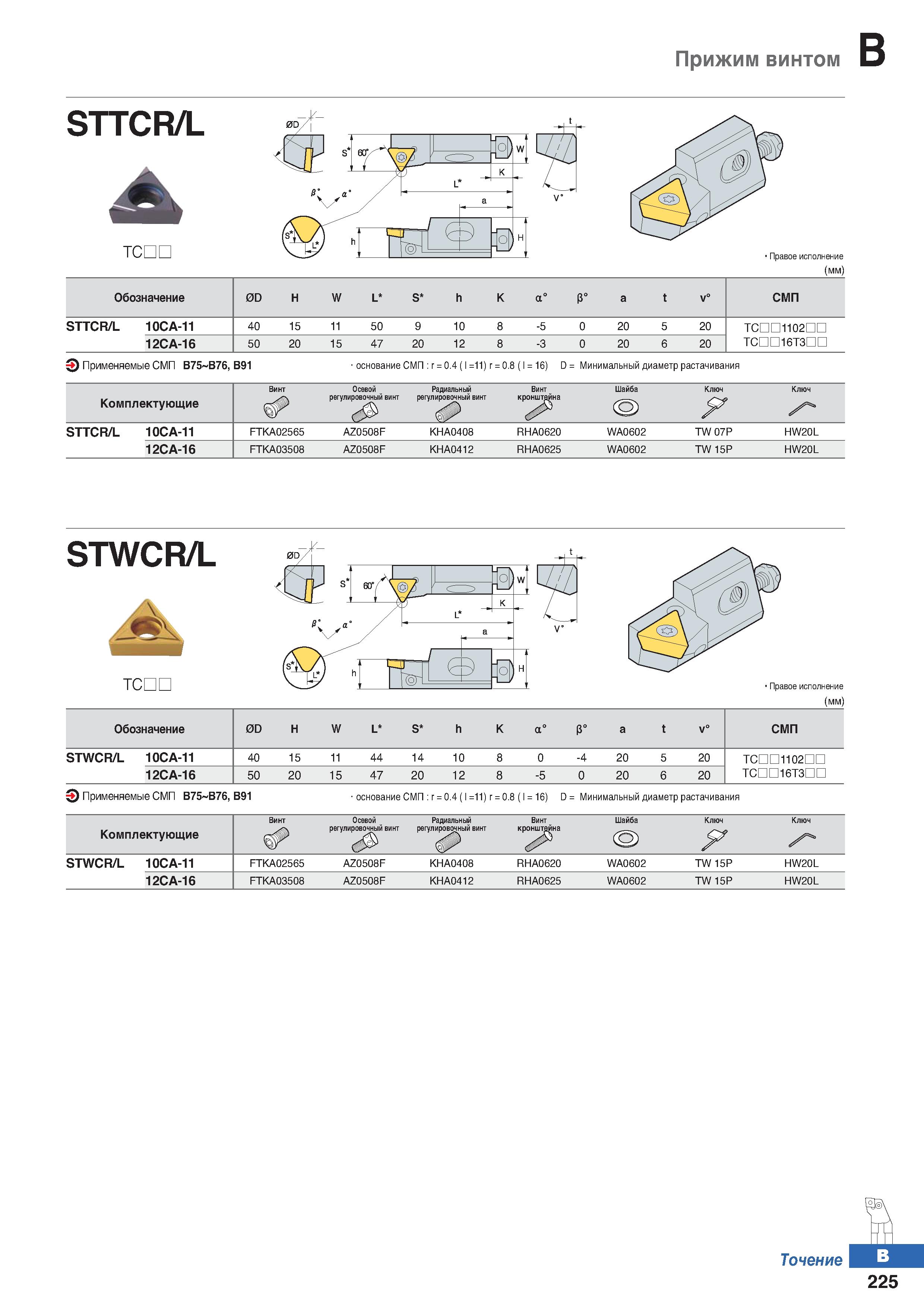 292 Прижим винтом STTCR/L & TCDL Правое исполнение (мм) Обозначение 0D Н W L S h K а° Р° a t v° СМП STTCR/L 10СА-11 40 15 11 50 9 10 8 Каталог KORLOY 2018 Инструмент и станочная оснастка Фрезы концевые монолитные по металлу Сверла спиральные Токарные расточные державки Цанговые патроны Стр. B225