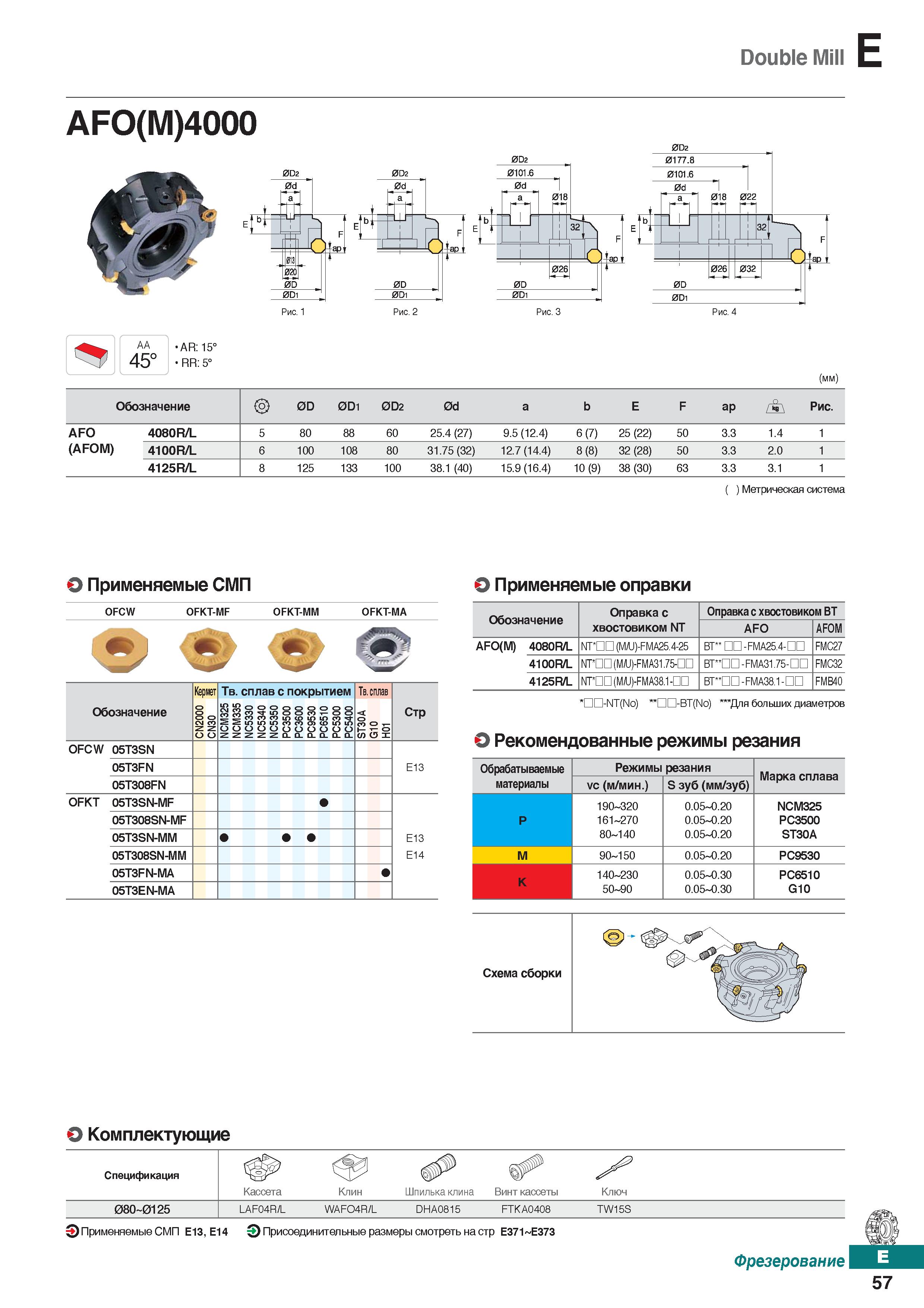 488 Double Mill E AFO(M)4QOO 0Dz AA 45° AR: 15° RR: 5° (mm) Обозначение 0D 0D1 0D2 0d a b E F ap r Рис AFO 4080R/L 5 80 88 60 25 4 (27 Каталог KORLOY 2018 Инструмент и станочная оснастка Фрезы концевые монолитные по металлу Сверла спиральные Токарные расточные державки Цанговые патроны Стр. E57