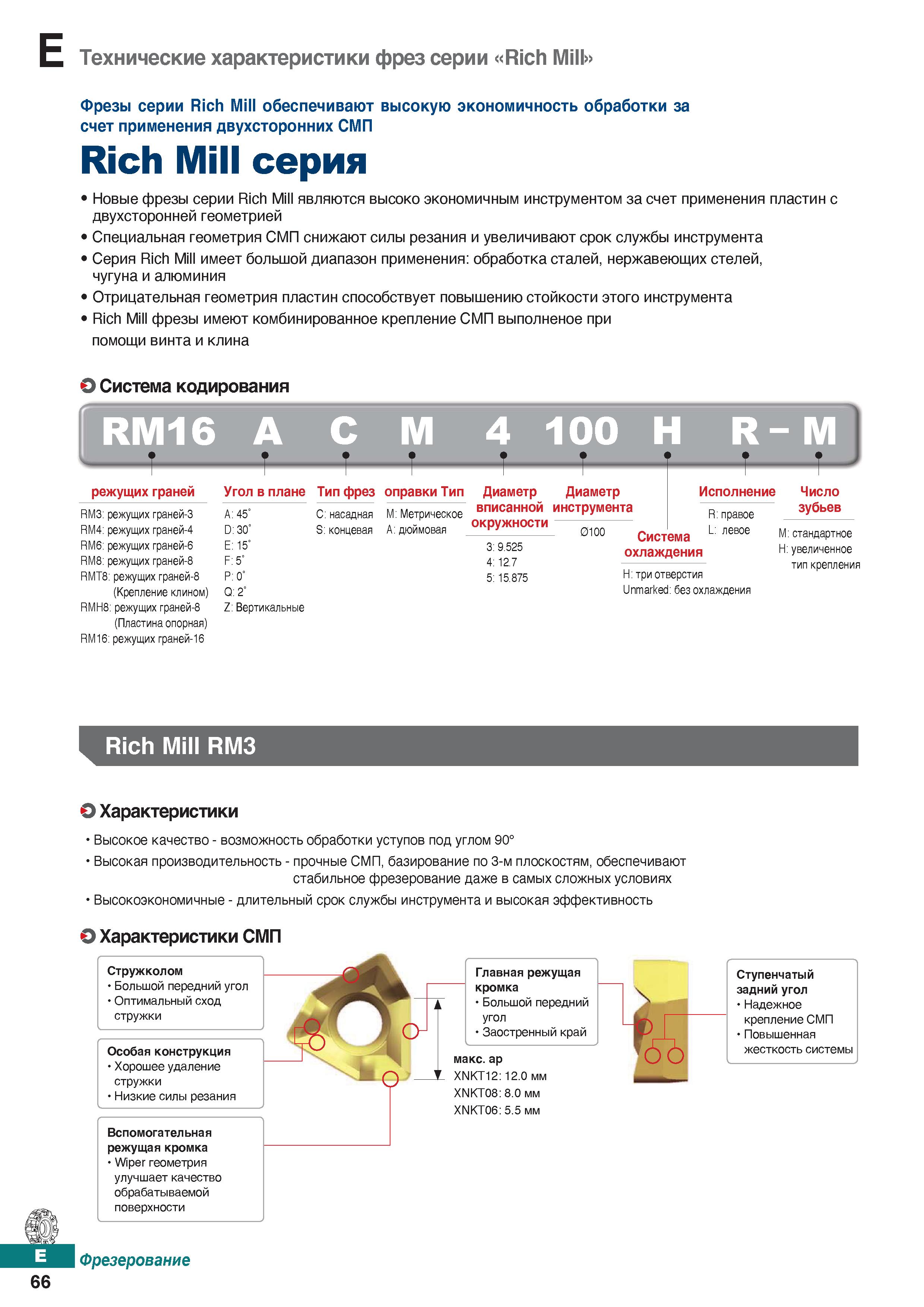 497 Фрезы Карлой (Южная Корея) с СМП серии Rich Mill обеспечивают высокую экономичность обработки за счет применения двухсторонних СМП Каталог KORLOY 2018 Инструмент и станочная оснастка Фрезы концевые монолитные по металлу Сверла спиральные Токарные расточные державки Цанговые патроны Стр. E66