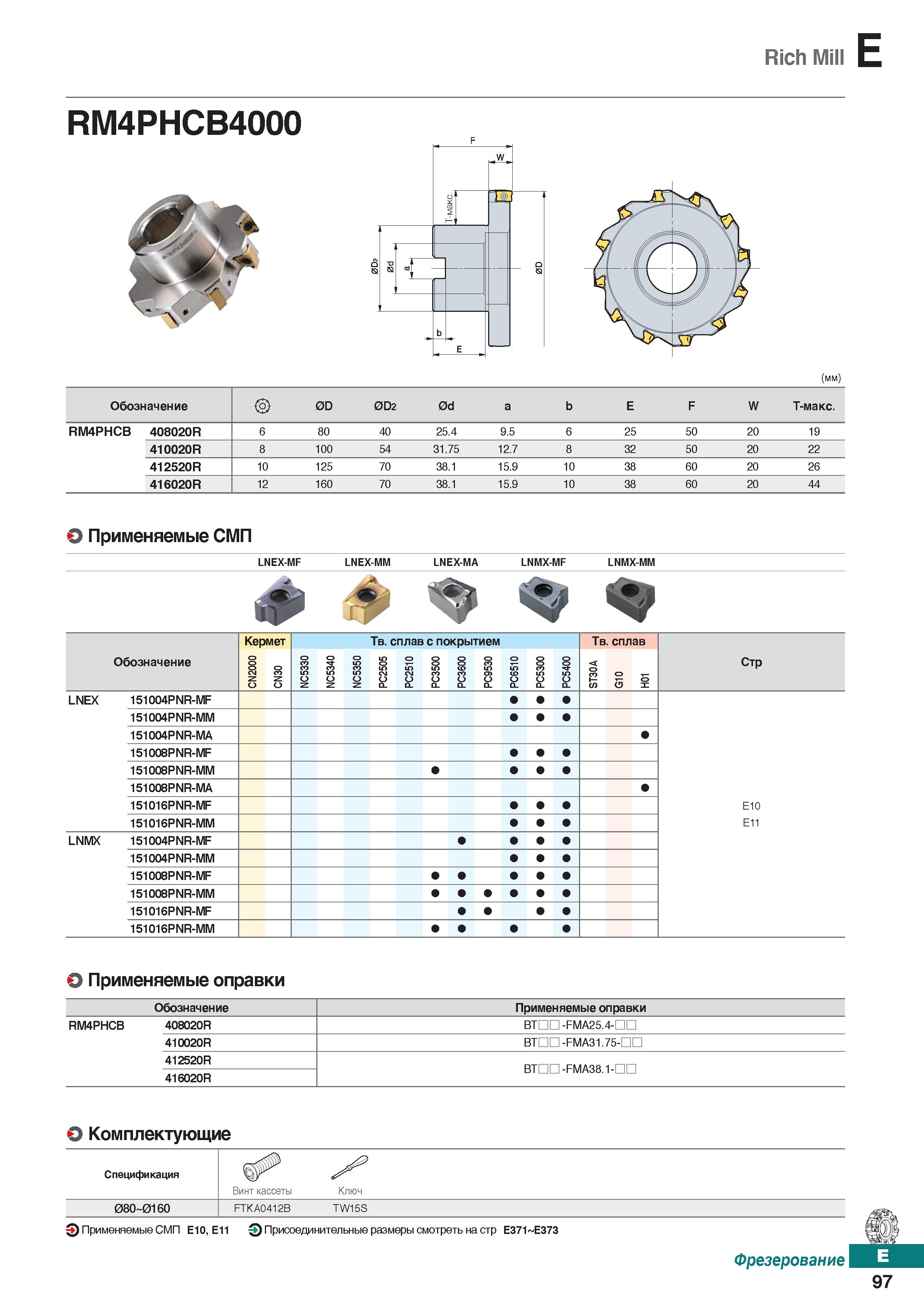 528 Rich Mill E RM4PHCB4000 v (mm) Обозначение 0D 0D2 0d a b E F W Т-макс RM4PHCB 408020R 6 80 40 25 4 9 5 6 25 50 20 19 410020R 8 100 Каталог KORLOY 2018 Инструмент и станочная оснастка Фрезы концевые монолитные по металлу Сверла спиральные Токарные расточные державки Цанговые патроны Стр. E97
