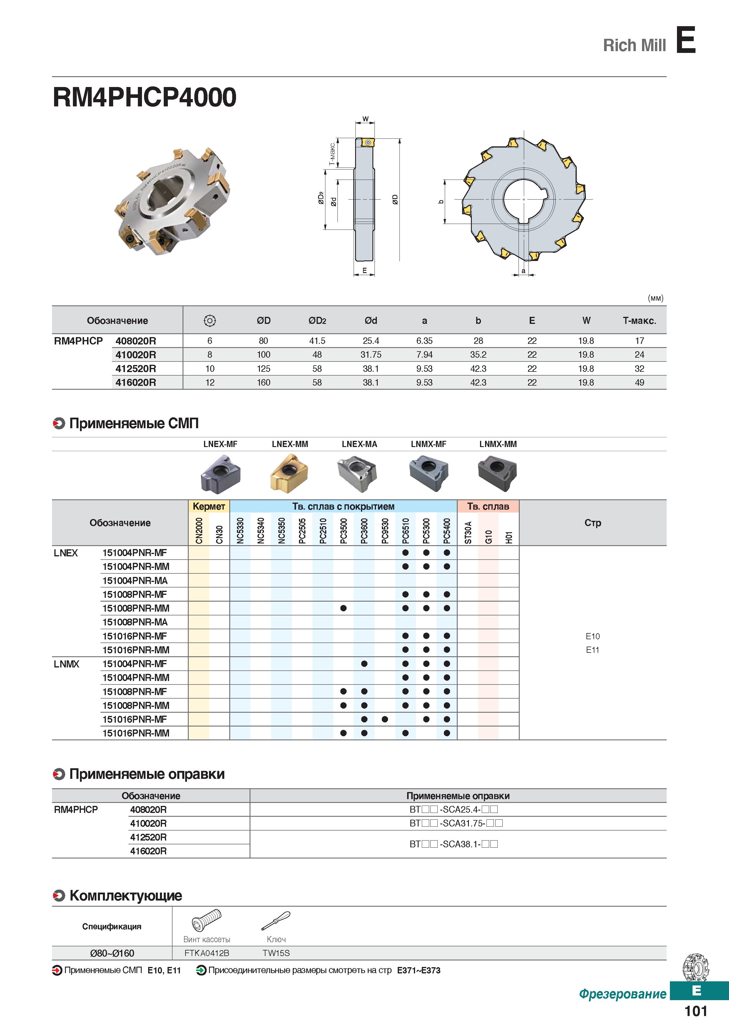 532 Rich Mill E RM4PHCP4000 И' (mm) Обозначение 0D 0D2 0d a b E W Т-макс RM4PHCP 408020R 6 80 41 5 25 4 6 35 28 22 19 8 17 410020R 8 1 Каталог KORLOY 2018 Инструмент и станочная оснастка Фрезы концевые монолитные по металлу Сверла спиральные Токарные расточные державки Цанговые патроны Стр. E101
