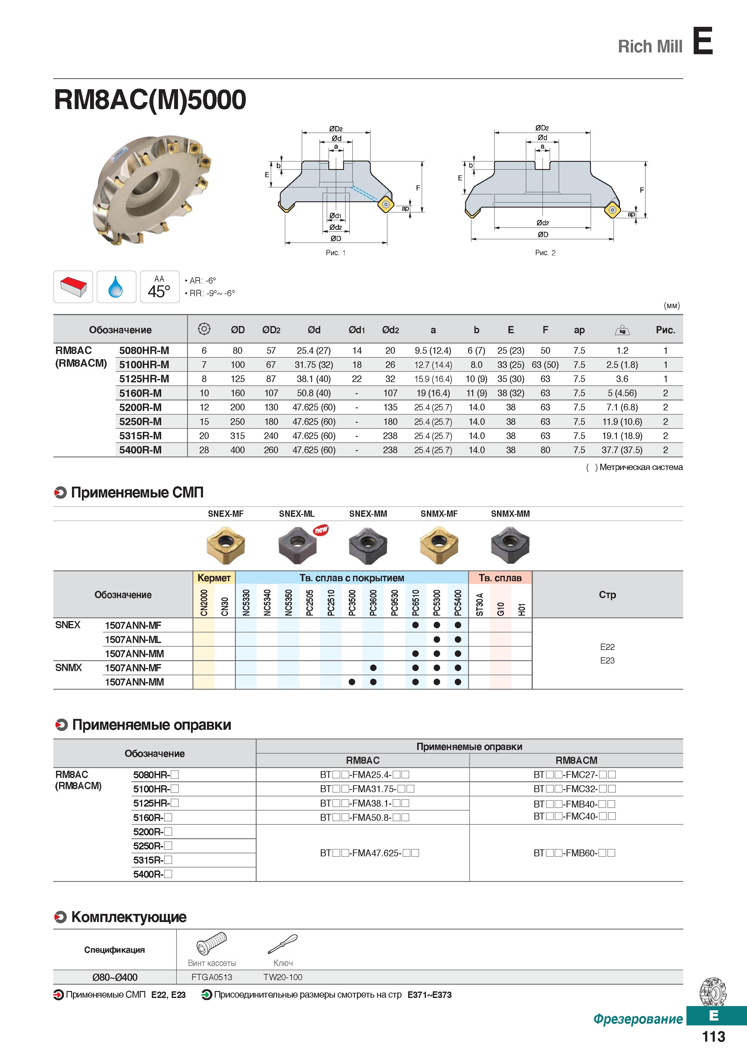 544 Rich Mill E RM8AC(M)5000 I > AA 45° AR: -6° RR: -9° -6° (mm) Обозначение 0D 0D2 0d 0di 0d2 a b E F ap Рис RM8AC 5080HR-M 6 80 57 2 Каталог KORLOY 2018 Инструмент и станочная оснастка Фрезы концевые монолитные по металлу Сверла спиральные Токарные расточные державки Цанговые патроны Стр. E113