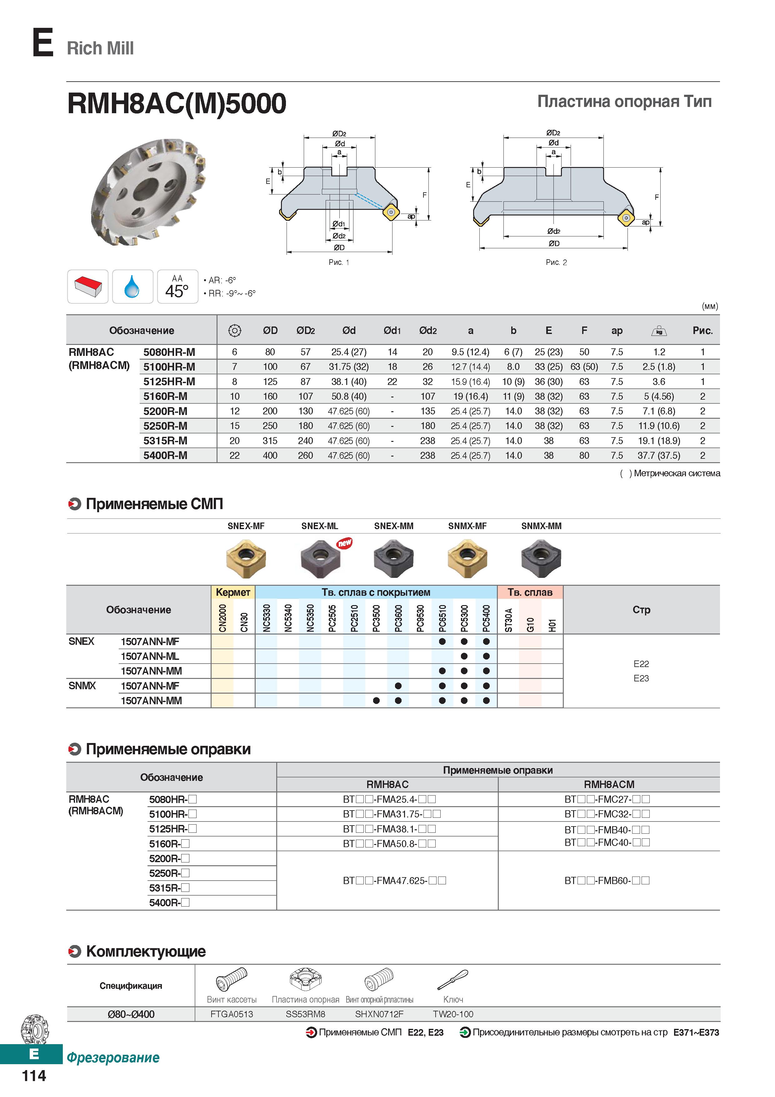545 E Rich Mill RM H8AC(M)5000 Пластина опорная Тип AA 45° AR: -6° RR: -9° -6° (mm) Обозначение 0D 0D2 0d 0di 0d2 a b E F ap a Рис RMH Каталог KORLOY 2018 Инструмент и станочная оснастка Фрезы концевые монолитные по металлу Сверла спиральные Токарные расточные державки Цанговые патроны Стр. E114