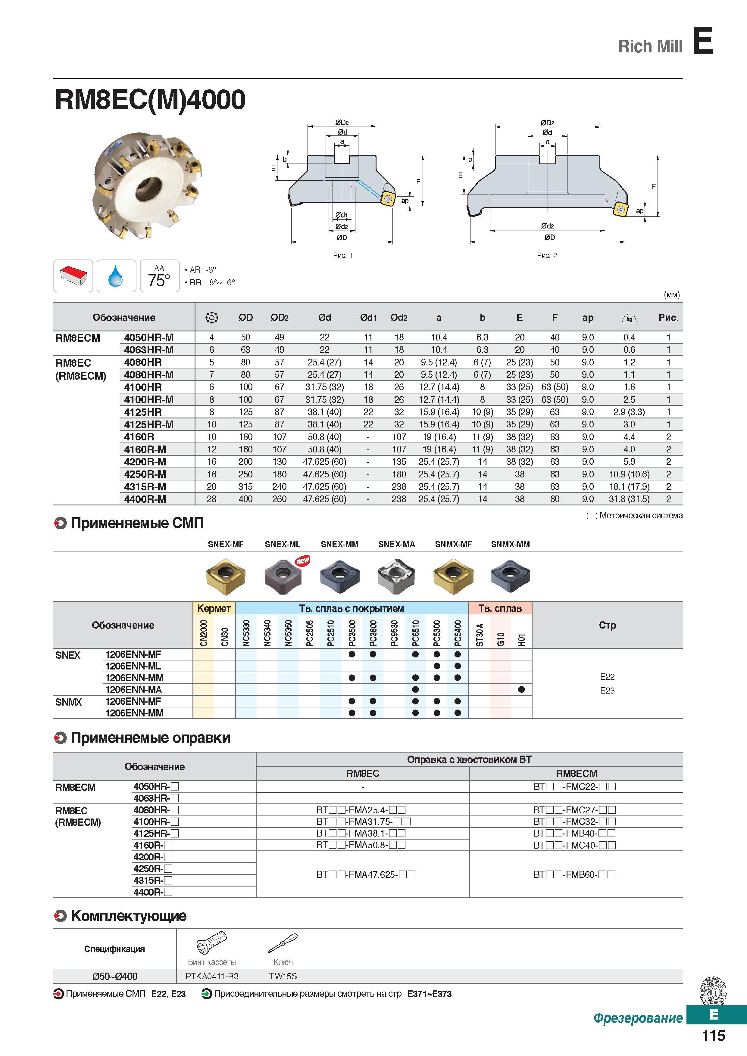 546 Rich Mill E RM8EC(M)4000 AA 75° AR: -6° RR: -8° -6° (mm) Обозначение <°> 0D 0D2 0d 0di 0d2 a b E F ap Рис RM8ECM 4050HR-M 4 50 49 Каталог KORLOY 2018 Инструмент и станочная оснастка Фрезы концевые монолитные по металлу Сверла спиральные Токарные расточные державки Цанговые патроны Стр. E115