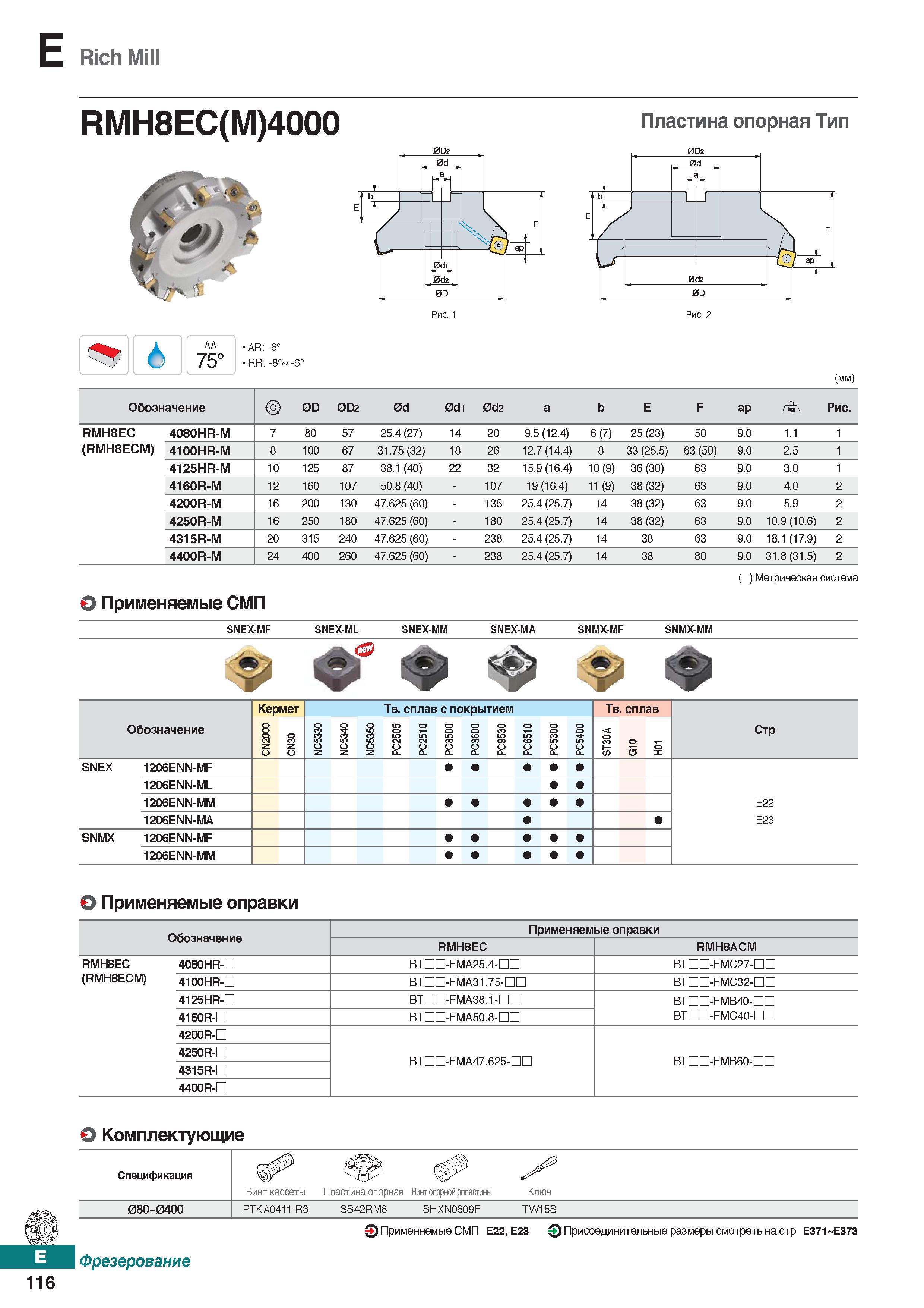 547 E Rich Mill RMH8EC(M)4000 Пластина опорная Тип Рис АА 75° AR: -6° RR: -8° -6° (мм) Обозначение 0D 0D2 0d 0d1 0d2 a b E F ap Рис RM Каталог KORLOY 2018 Инструмент и станочная оснастка Фрезы концевые монолитные по металлу Сверла спиральные Токарные расточные державки Цанговые патроны Стр. E116