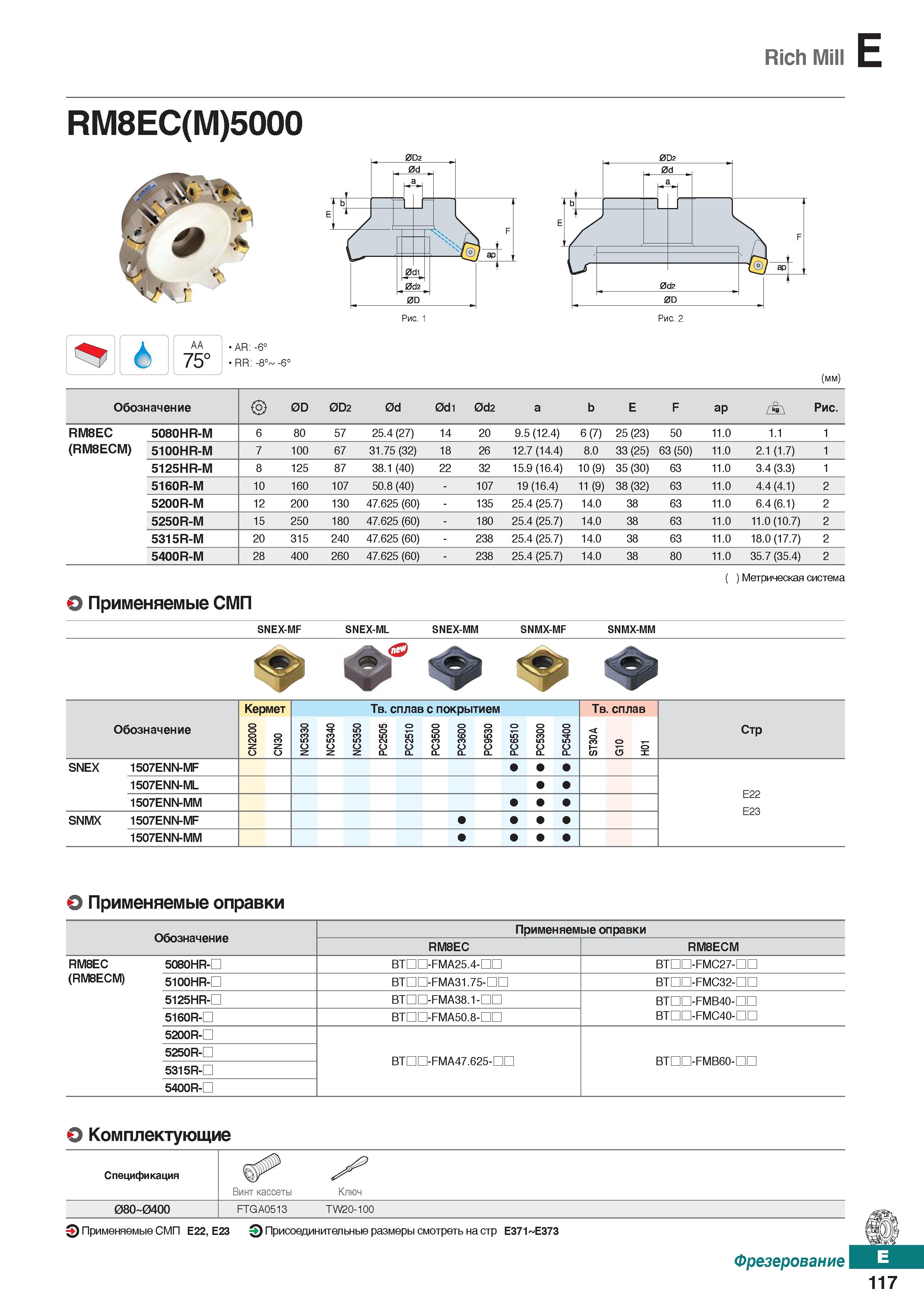 548 Rich Mill E RM8EC(M)5000 Рис Рис 2 AA 75° AR: -6° RR: -8° -6° (mm) Обозначение 0D 0D2 0d 0di 0d2 a b E F ap Рис RM8EC 5080HR-M 6 8 Каталог KORLOY 2018 Инструмент и станочная оснастка Фрезы концевые монолитные по металлу Сверла спиральные Токарные расточные державки Цанговые патроны Стр. E117