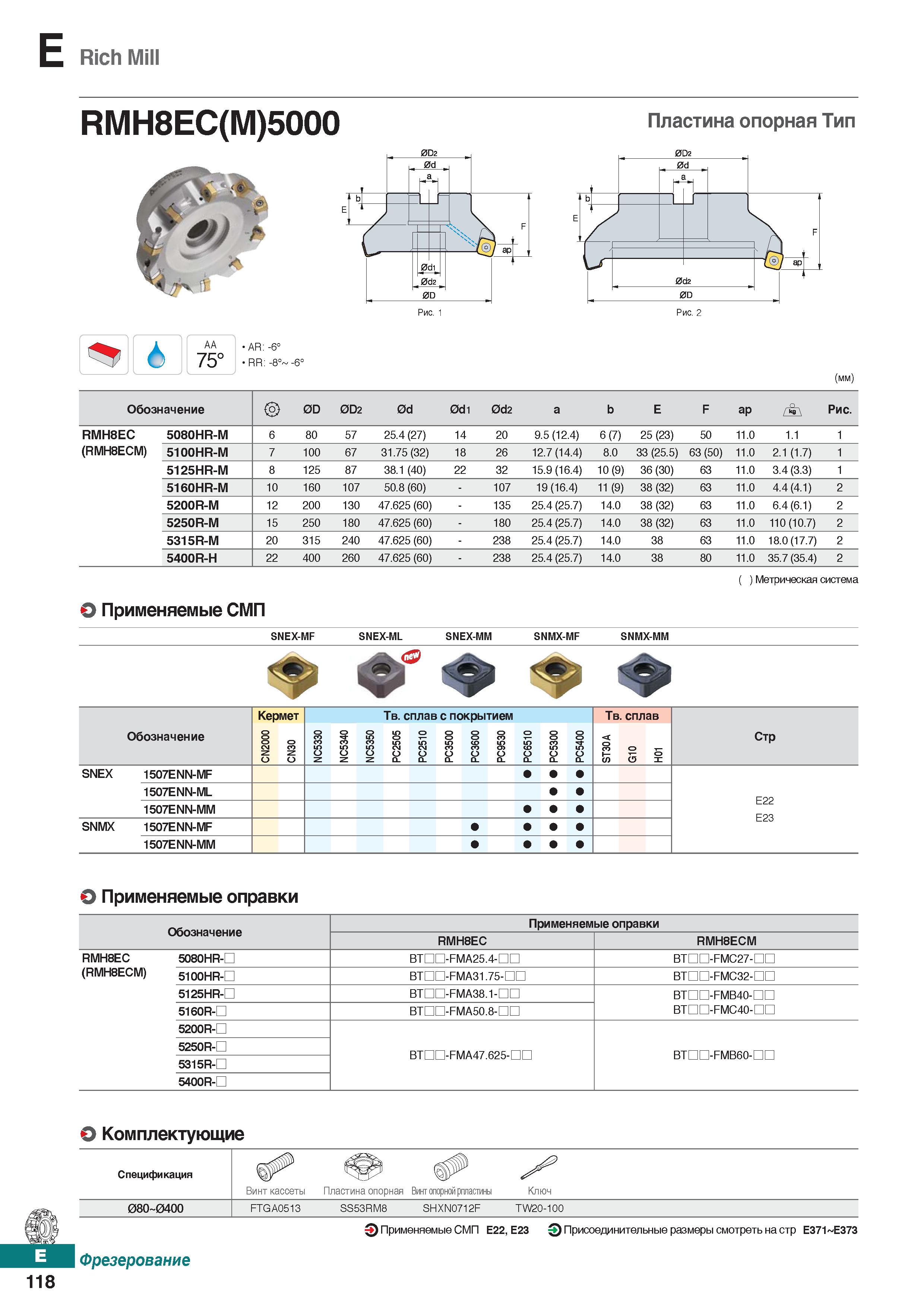 549 E Rich Mill RMH8EC(M)5000 Пластина опорная Тип AA 75° AR: -6° RR: -8° -6° (mm) Обозначение 0D 0D2 0d 0di 0d2 a b E F ap Рис RMH8EC Каталог KORLOY 2018 Инструмент и станочная оснастка Фрезы концевые монолитные по металлу Сверла спиральные Токарные расточные державки Цанговые патроны Стр. E118