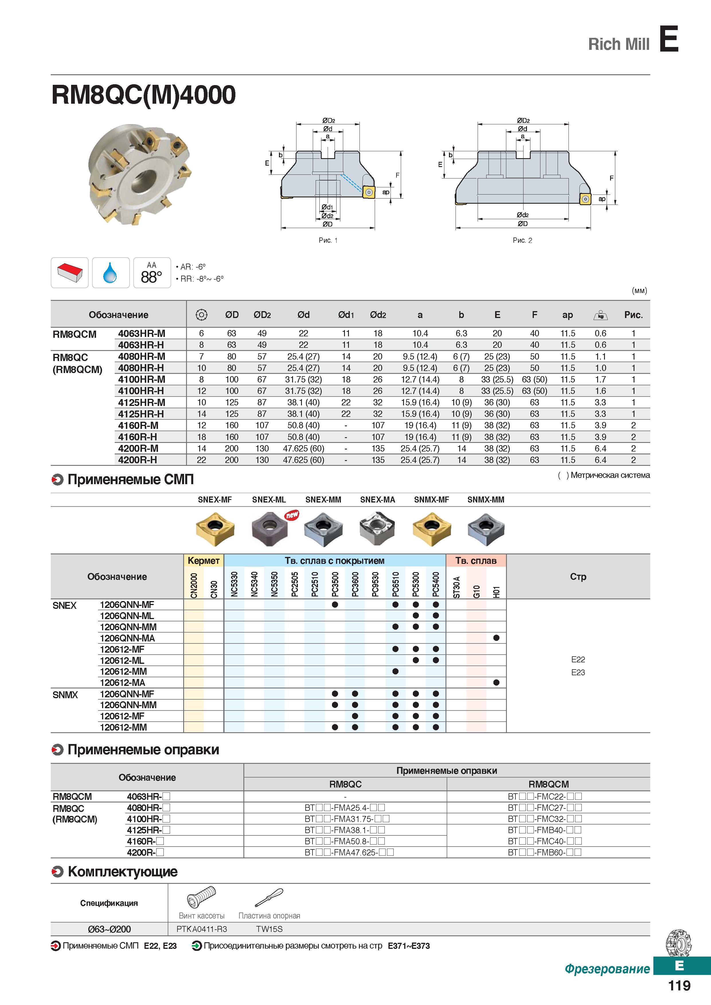 550 Rich Mill E RM8QC(M)4000 AA 88° AR: -6° RR: -8° -6° (mm) Обозначение 0D 0D2 0d 0d1 0d2 a b E F ap r+ Рис RM8QCM 4063HR-M 6 63 49 2 Каталог KORLOY 2018 Инструмент и станочная оснастка Фрезы концевые монолитные по металлу Сверла спиральные Токарные расточные державки Цанговые патроны Стр. E119