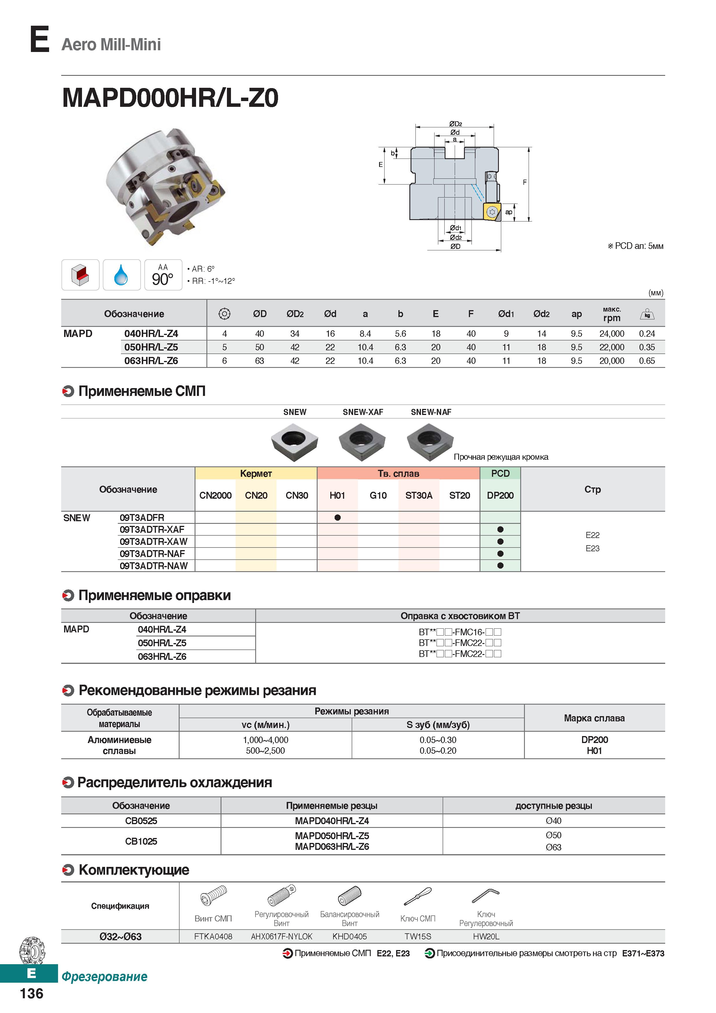 567 Aero Mill-Mini MAPD000HR/L-Z0 PCD an: 5mm (mm) Обозначение 0D 0D2 0d a b E F 0di 0d2 ap макс rpm A MAPD 040HR/L-Z4 4 40 34 16 8 4 Каталог KORLOY 2018 Инструмент и станочная оснастка Фрезы концевые монолитные по металлу Сверла спиральные Токарные расточные державки Цанговые патроны Стр. E136