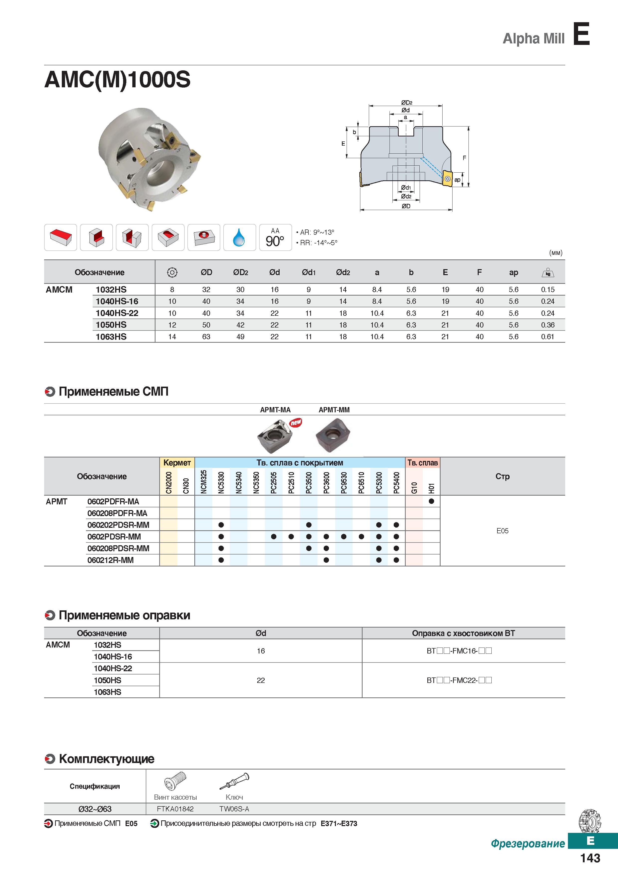 574 Alpha Mill E AMC(M)1 OOOS AA 90° AR: 9° 13° RR; -14° 5° (mm) Обозначение 0D 0D2 0d 0di 0d2 а b E F ap f АМСМ 1032HS 8 32 30 16 9 1 Каталог KORLOY 2018 Инструмент и станочная оснастка Фрезы концевые монолитные по металлу Сверла спиральные Токарные расточные державки Цанговые патроны Стр. E143