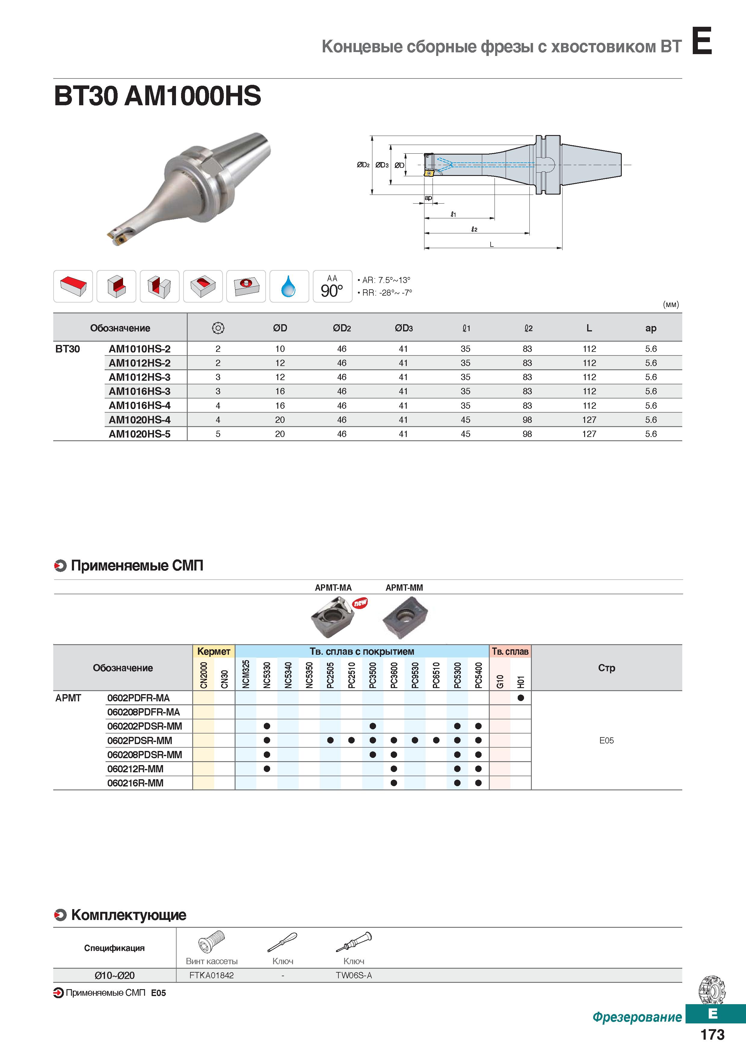 604 Концевые сборные фрезы с хвостовиком ВТ AA 90° AR: 7 5° 13° RR: -28° -7° (мм) Обозначение 0D 0D2 0D3 11 12 L ар ВТЗО AM1010HS-2 2 Каталог KORLOY 2018 Инструмент и станочная оснастка Фрезы концевые монолитные по металлу Сверла спиральные Токарные расточные державки Цанговые патроны Стр. E173