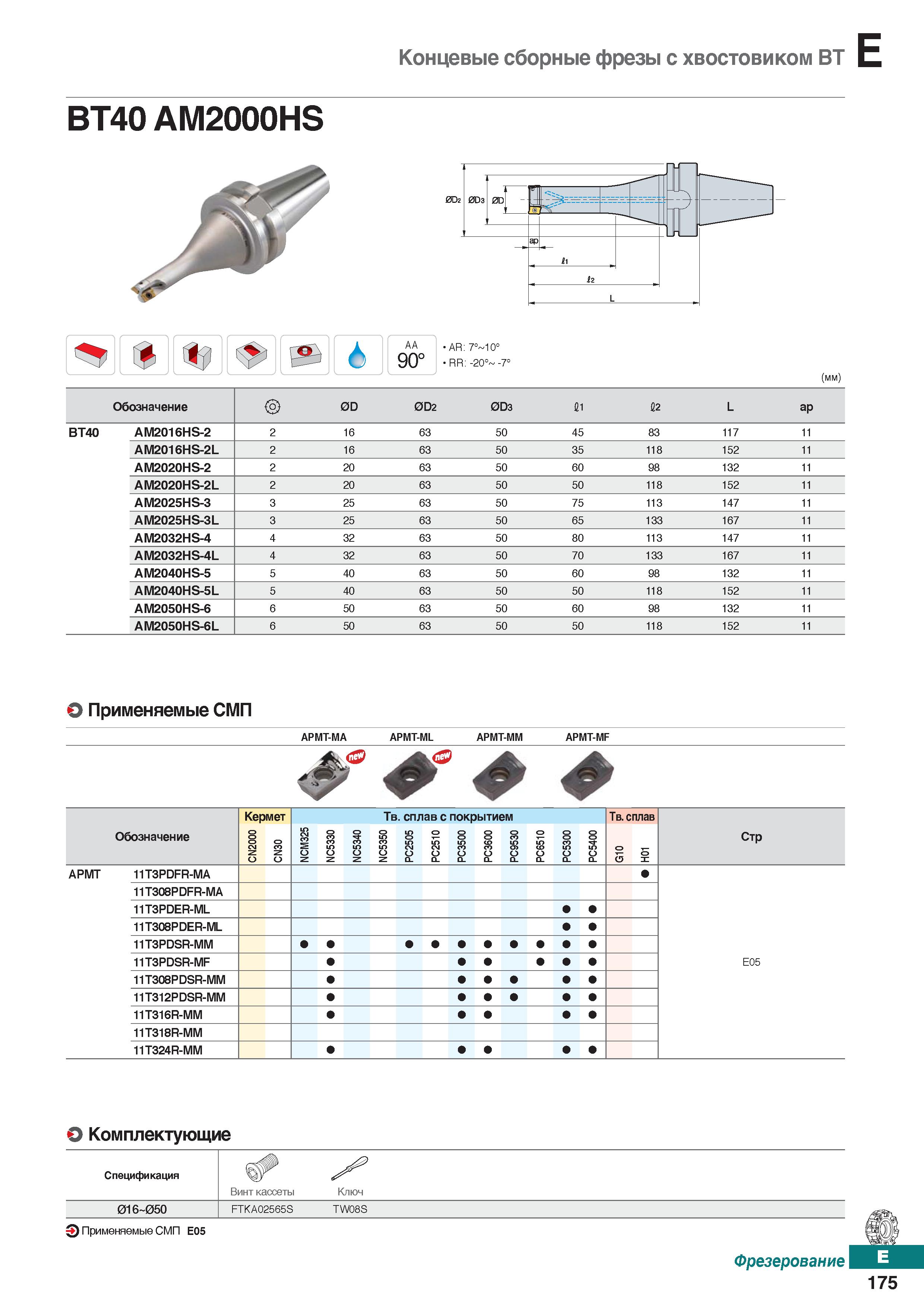 606 Концевые сборные фрезы с хвостовиком ВТ BT40 AM2000HS AA 90° AR: 7° 10° RR: -20° -7° (мм) Обозначение 0D 0D2 0D3 11 12 L ар ВТ40 A Каталог KORLOY 2018 Инструмент и станочная оснастка Фрезы концевые монолитные по металлу Сверла спиральные Токарные расточные державки Цанговые патроны Стр. E175
