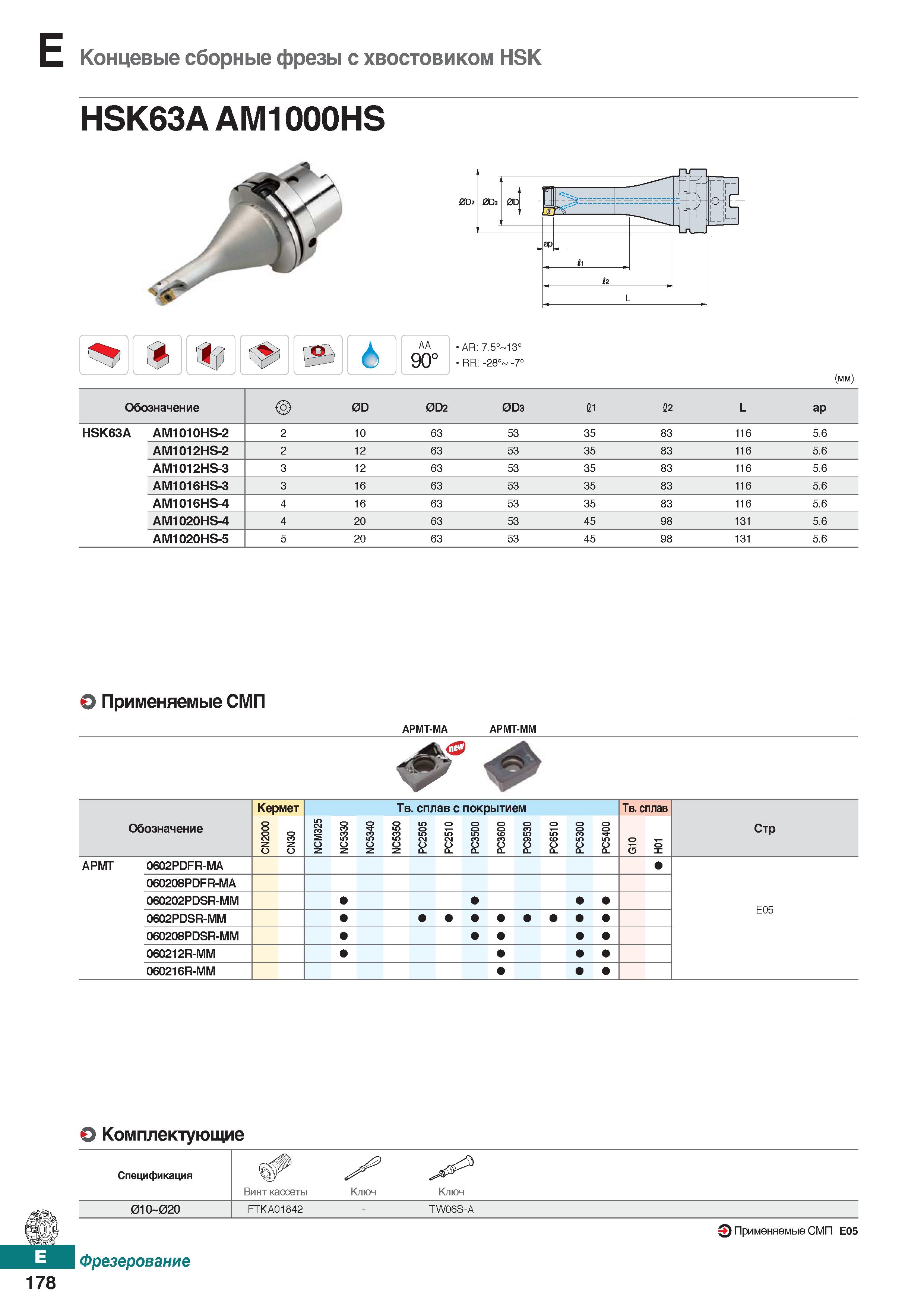 609 Концевые сборные фрезы с хвостовиком HSK HSK63AAM1000HS AA 90° AR: 7 5° 13° RR: -28° -7° (мм) Обозначение 0D 0D2 0D3 11 12 L ар HS Каталог KORLOY 2018 Инструмент и станочная оснастка Фрезы концевые монолитные по металлу Сверла спиральные Токарные расточные державки Цанговые патроны Стр. E178