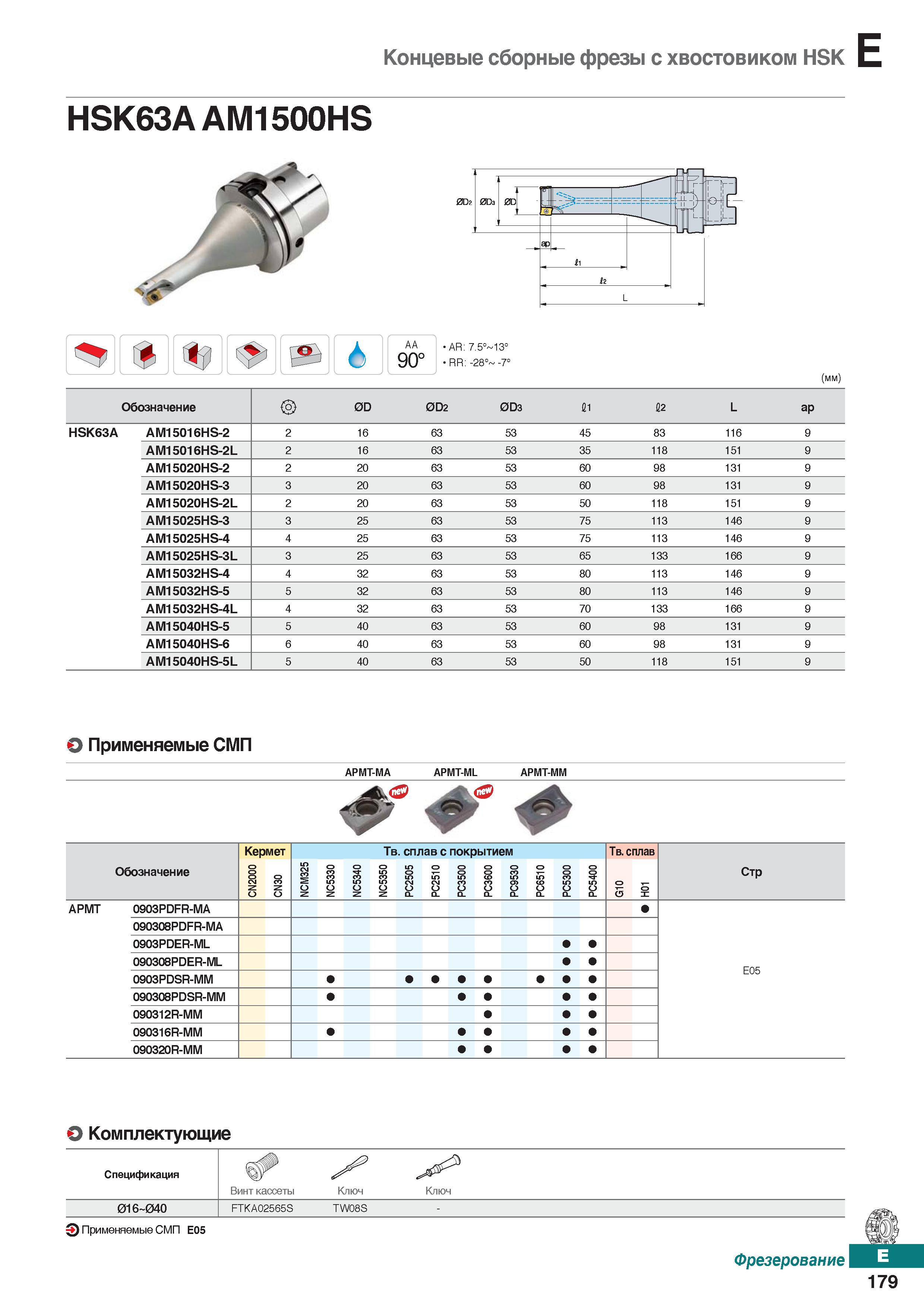 610 Концевые сборные фрезы с хвостовиком HSK HSK63AAM1500HS h AA 90° AR: 7 5° 13° RR: -28° -7° (mm) Обозначение 0D 0D2 0D3 11 12 L ар Каталог KORLOY 2018 Инструмент и станочная оснастка Фрезы концевые монолитные по металлу Сверла спиральные Токарные расточные державки Цанговые патроны Стр. E179