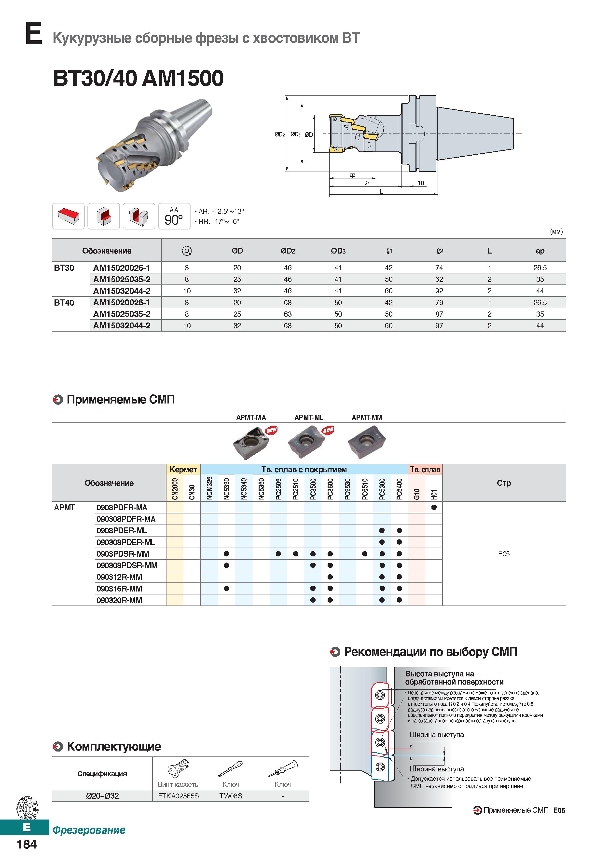 615 Кукурузные сборные фрезы с хвостовиком ВТ ВТ30 40 АМ1500 0 AA 90° AR: -12 5° 13° RR: -17° -6° (мм) Обозначение 0D 0D2 0D3 11 12 L Каталог KORLOY 2018 Инструмент и станочная оснастка Фрезы концевые монолитные по металлу Сверла спиральные Токарные расточные державки Цанговые патроны Стр. E184