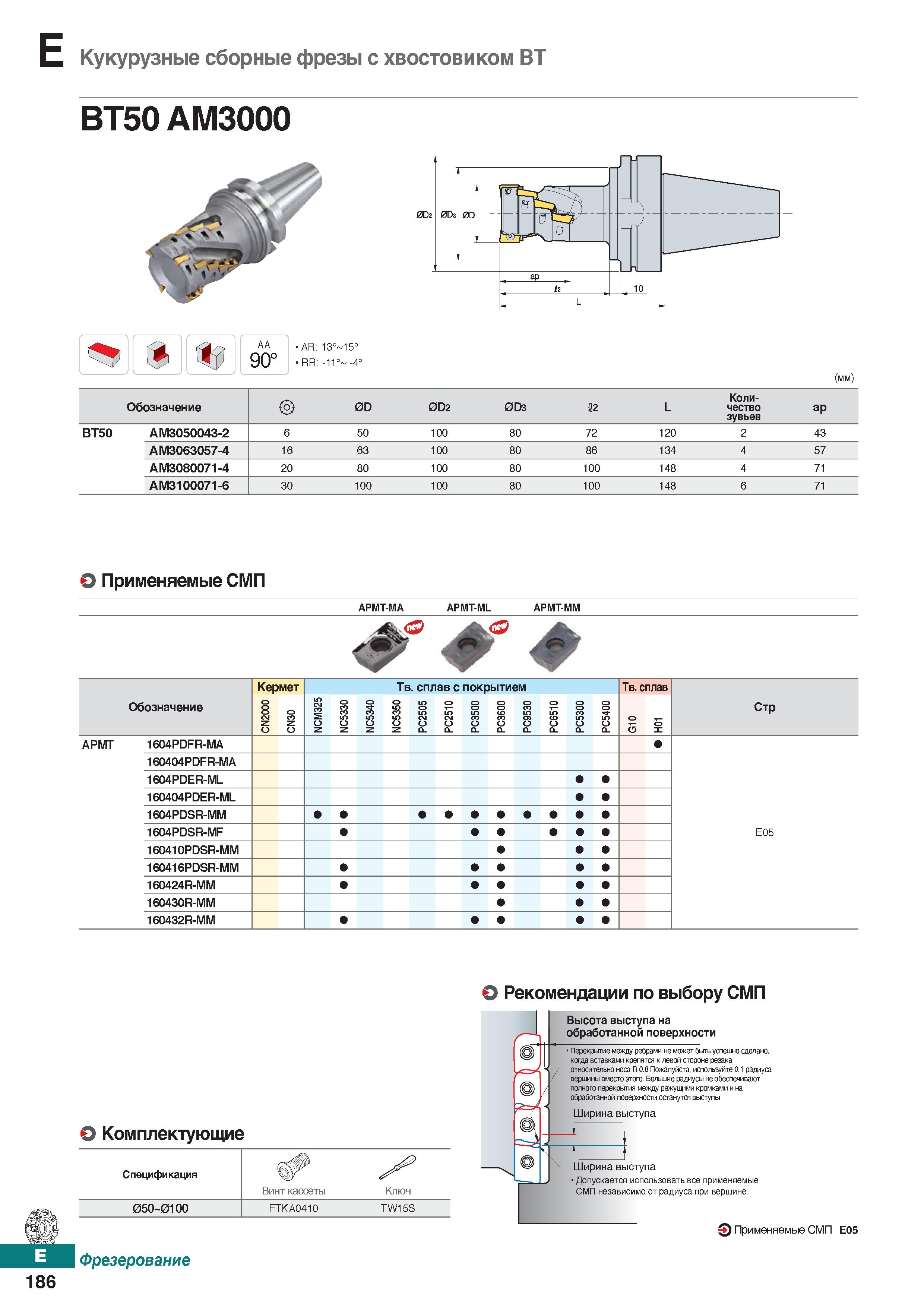 617 Кукурузные сборные фрезы с хвостовиком ВТ AA 90° AR: 13° 15° RR: -11° -4° (мм) Обозначение 0D 0D2 0D3 12 L Коли- чество зувьев ар Каталог KORLOY 2018 Инструмент и станочная оснастка Фрезы концевые монолитные по металлу Сверла спиральные Токарные расточные державки Цанговые патроны Стр. E186
