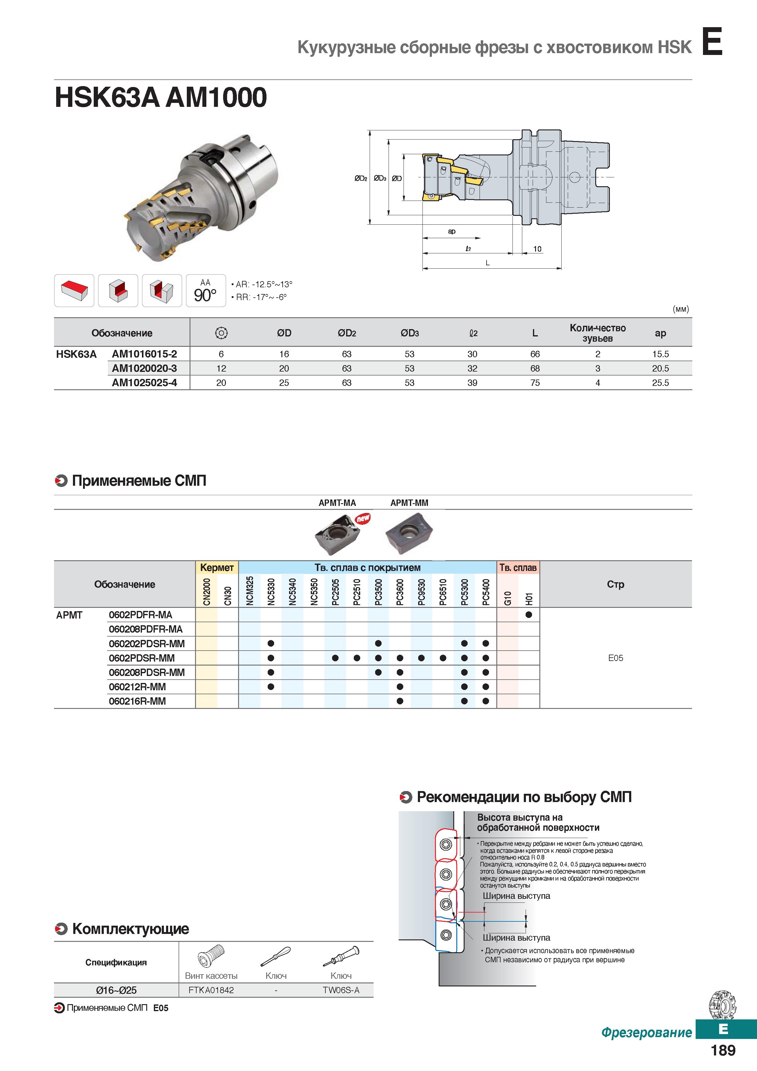 620 Кукурузные сборные фрезы с хвостовиком HSK HSK63AAM1000 AA 90° AR: -12 5° 13° RR: -17° -6° (мм) Обозначение 0D 0D2 0D3 12 L Коли-ч Каталог KORLOY 2018 Инструмент и станочная оснастка Фрезы концевые монолитные по металлу Сверла спиральные Токарные расточные державки Цанговые патроны Стр. E189