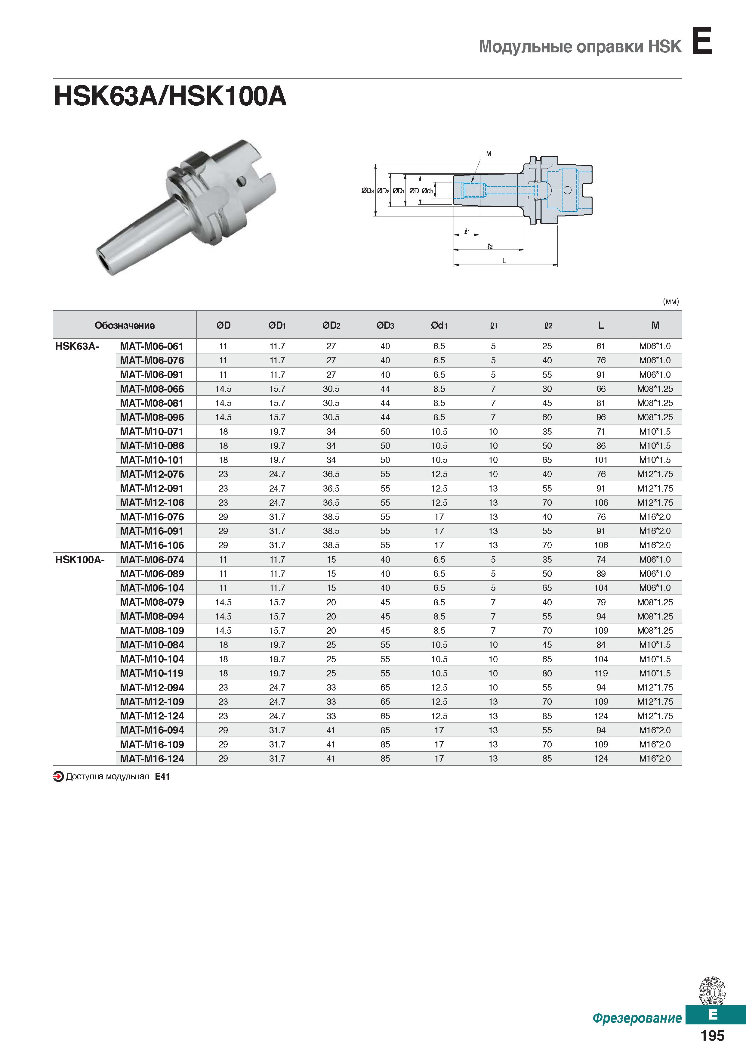 626 Модульные оправки HSK HSK63A HSK100A (мм) О Доступнамодульная E41 Фрезерование 195 Каталог KORLOY 2018 Инструмент и станочная оснастка Фрезы концевые монолитные по металлу Сверла спиральные Токарные расточные державки Цанговые патроны Стр. E195