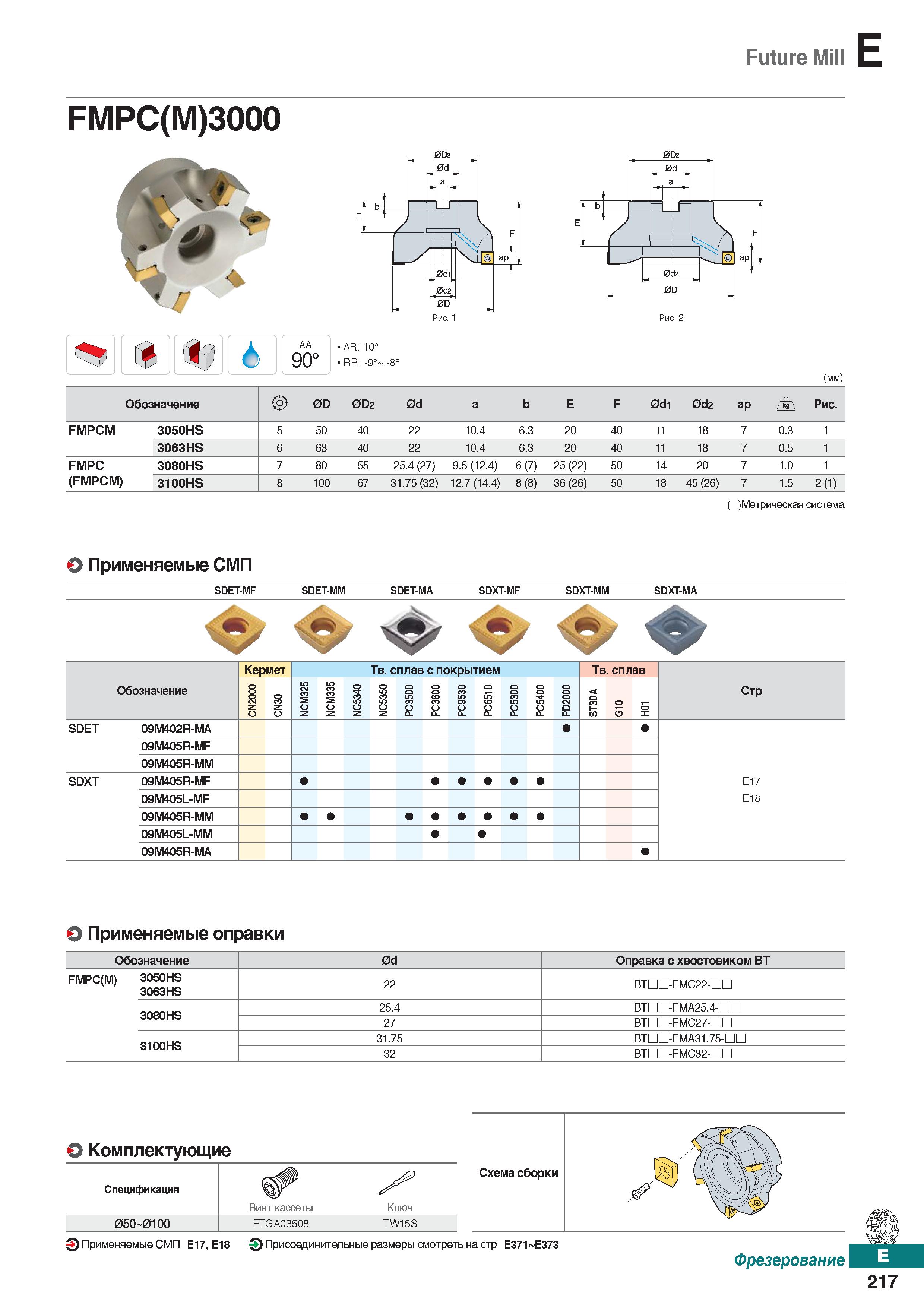 648 Future Mill FMPC(M)3000 J- 0D2 0d p 0di 0D I ap b 0D2 0d2 0D AA 90° AR: 10° RR: -9° -8° (mm) Обозначение 0D 0D2 0d а b E F 0di 0d2 Каталог KORLOY 2018 Инструмент и станочная оснастка Фрезы концевые монолитные по металлу Сверла спиральные Токарные расточные державки Цанговые патроны Стр. E217