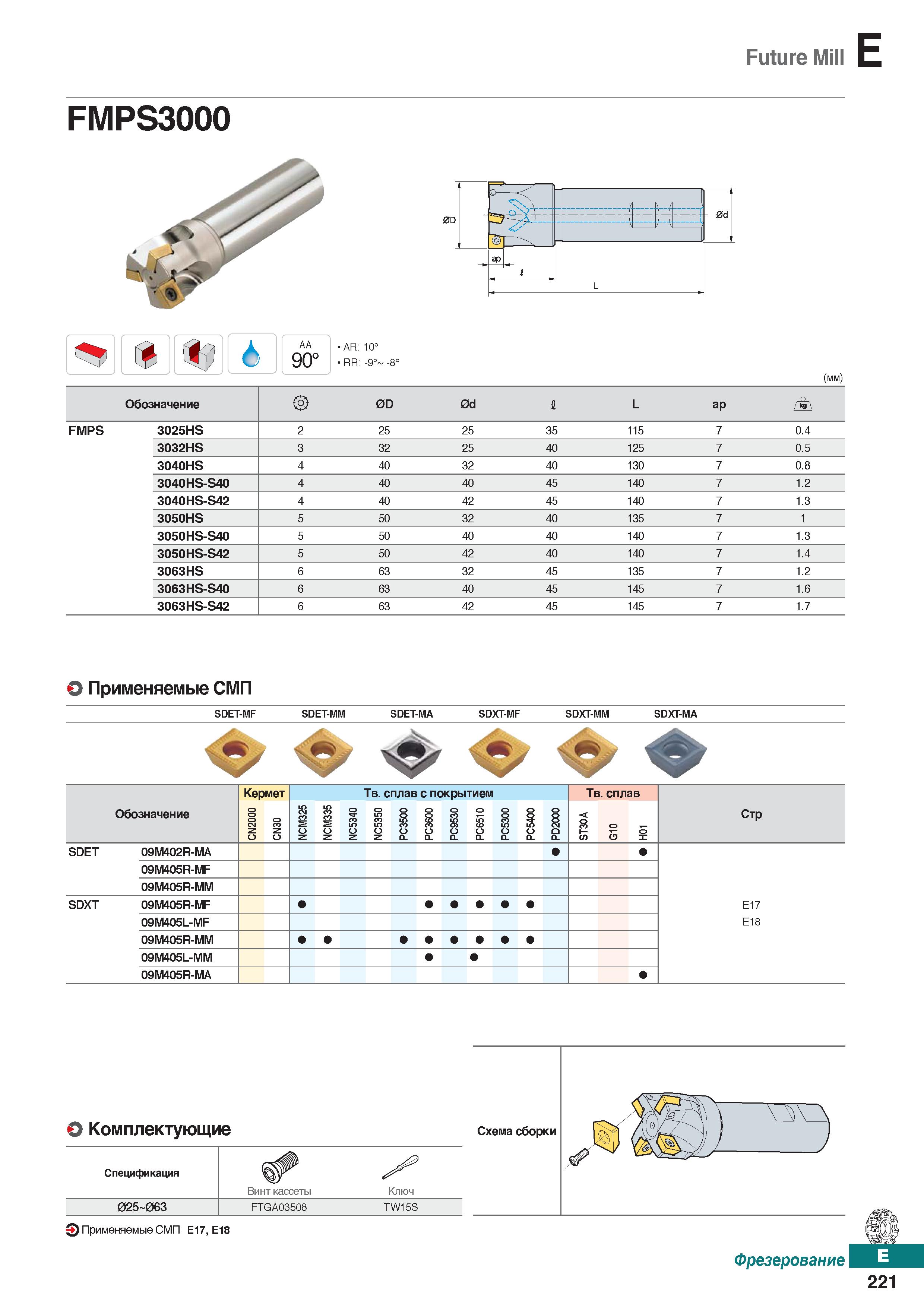 652 Future Mill AA 90° AR: 10° RR: -9°' (mm) Обозначение 0D 0d I L ap FMPS 3025HS 2 25 25 35 115 7 0 4 3032HS 3 32 25 40 125 7 0 5 304 Каталог KORLOY 2018 Инструмент и станочная оснастка Фрезы концевые монолитные по металлу Сверла спиральные Токарные расточные державки Цанговые патроны Стр. E221