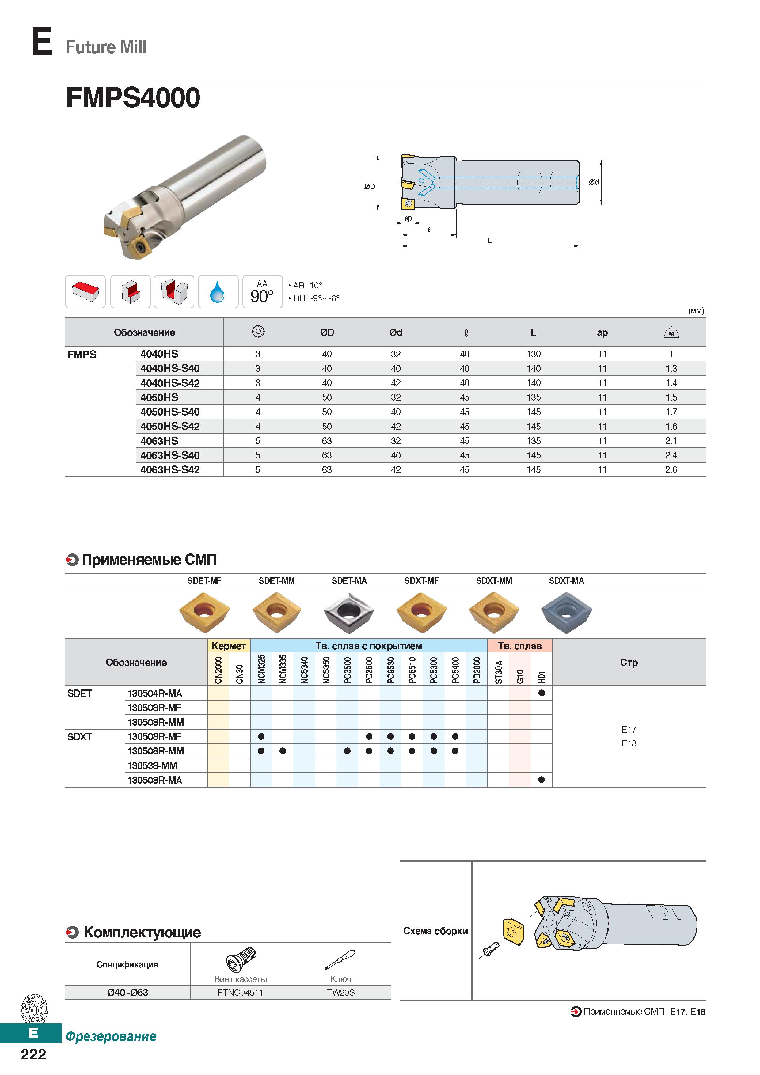 653 Future Mill FMPS4000 AA 90° AR: 10° RR: -9°' (mm) Обозначение 0D 0d I L ap i FMPS 4040HS 3 40 32 40 130 11 1 4040HS-S40 3 40 40 40 Каталог KORLOY 2018 Инструмент и станочная оснастка Фрезы концевые монолитные по металлу Сверла спиральные Токарные расточные державки Цанговые патроны Стр. E222