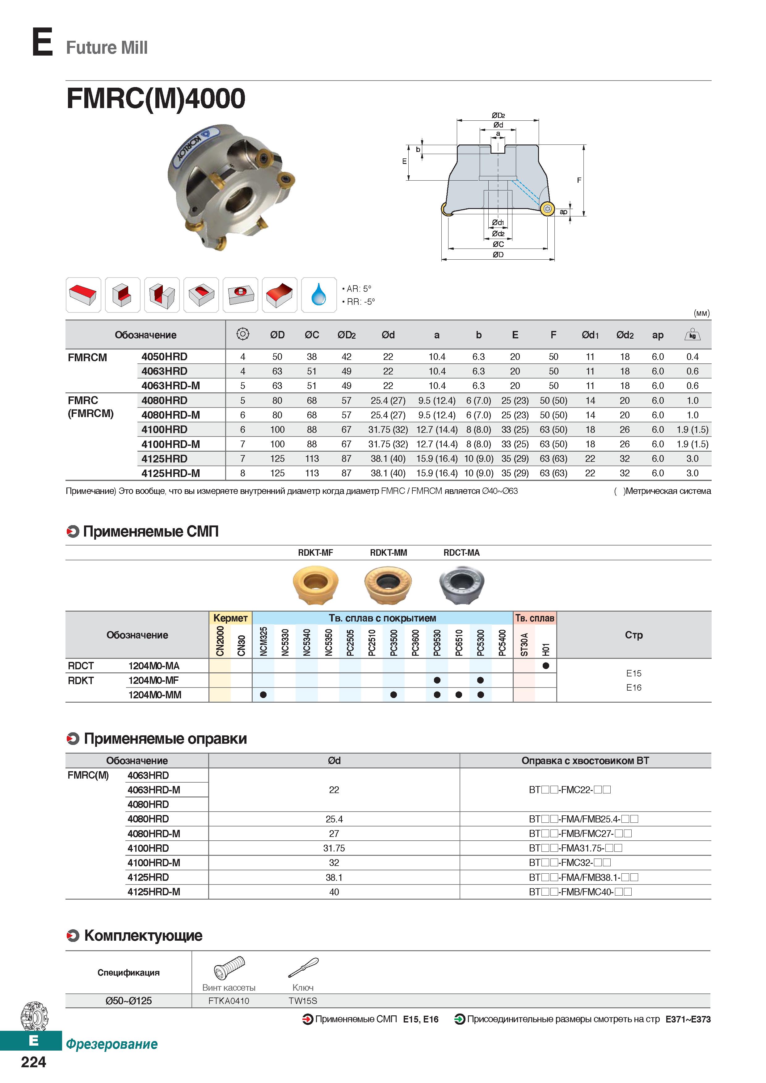 655 Future Mill FMRC(M)4000 0D2 AR: 5° RR: -5° (mm) Обозначение 0D 0C 0D2 0d а b E F 0di 0d2 ар FMRCM 4050HRD 4 50 38 42 22 10 4 6 3 2 Каталог KORLOY 2018 Инструмент и станочная оснастка Фрезы концевые монолитные по металлу Сверла спиральные Токарные расточные державки Цанговые патроны Стр. E224
