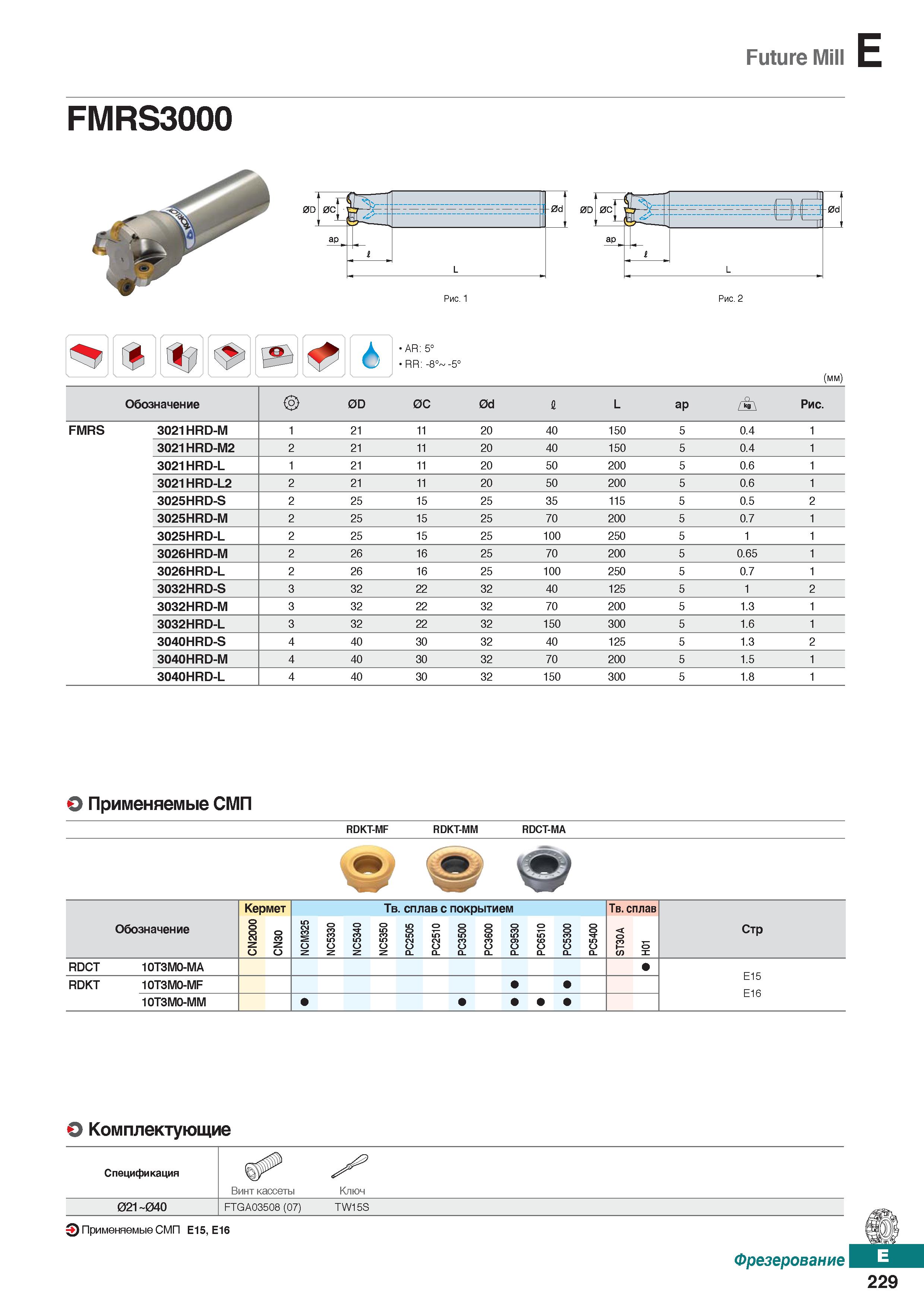 660 Future Mill FMRS3000 l 0C 41 - V 1 0d trrf t- r ap L AR: 5° RR: -8° -5° (mm) Обозначение 0D 0C 0d I L ap i Рис FMRS 3021HRD-M 1 21 Каталог KORLOY 2018 Инструмент и станочная оснастка Фрезы концевые монолитные по металлу Сверла спиральные Токарные расточные державки Цанговые патроны Стр. E229