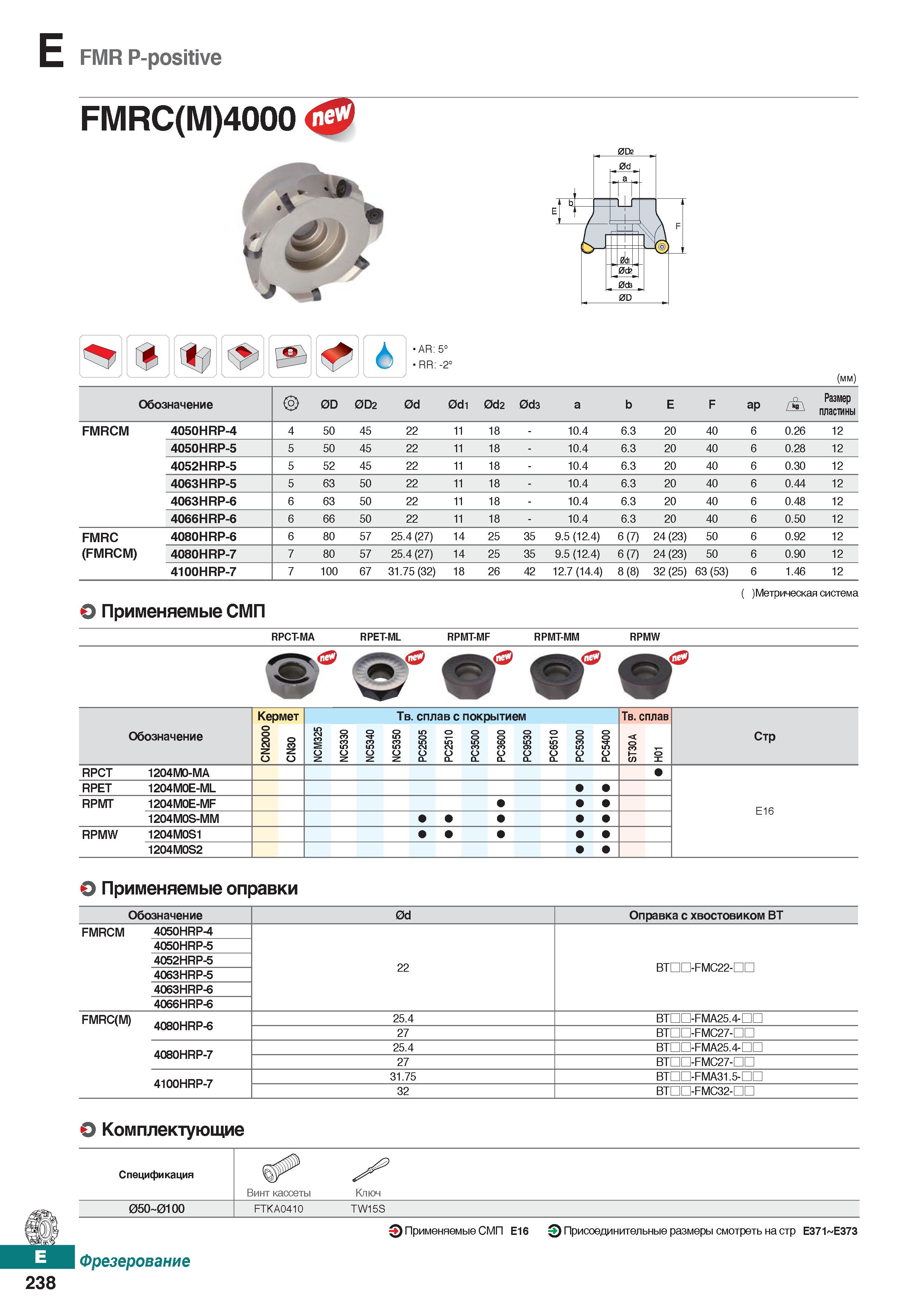 669 FMR P-positive FMRC(M)4000 AR: 5° RR: -2° (mm) Обозначение 0D 0D2 0d 0di 0d2 0d3 a b E F ap Размер пластины FMRCM 4050HRP-4 4 50 4 Каталог KORLOY 2018 Инструмент и станочная оснастка Фрезы концевые монолитные по металлу Сверла спиральные Токарные расточные державки Цанговые патроны Стр. E238