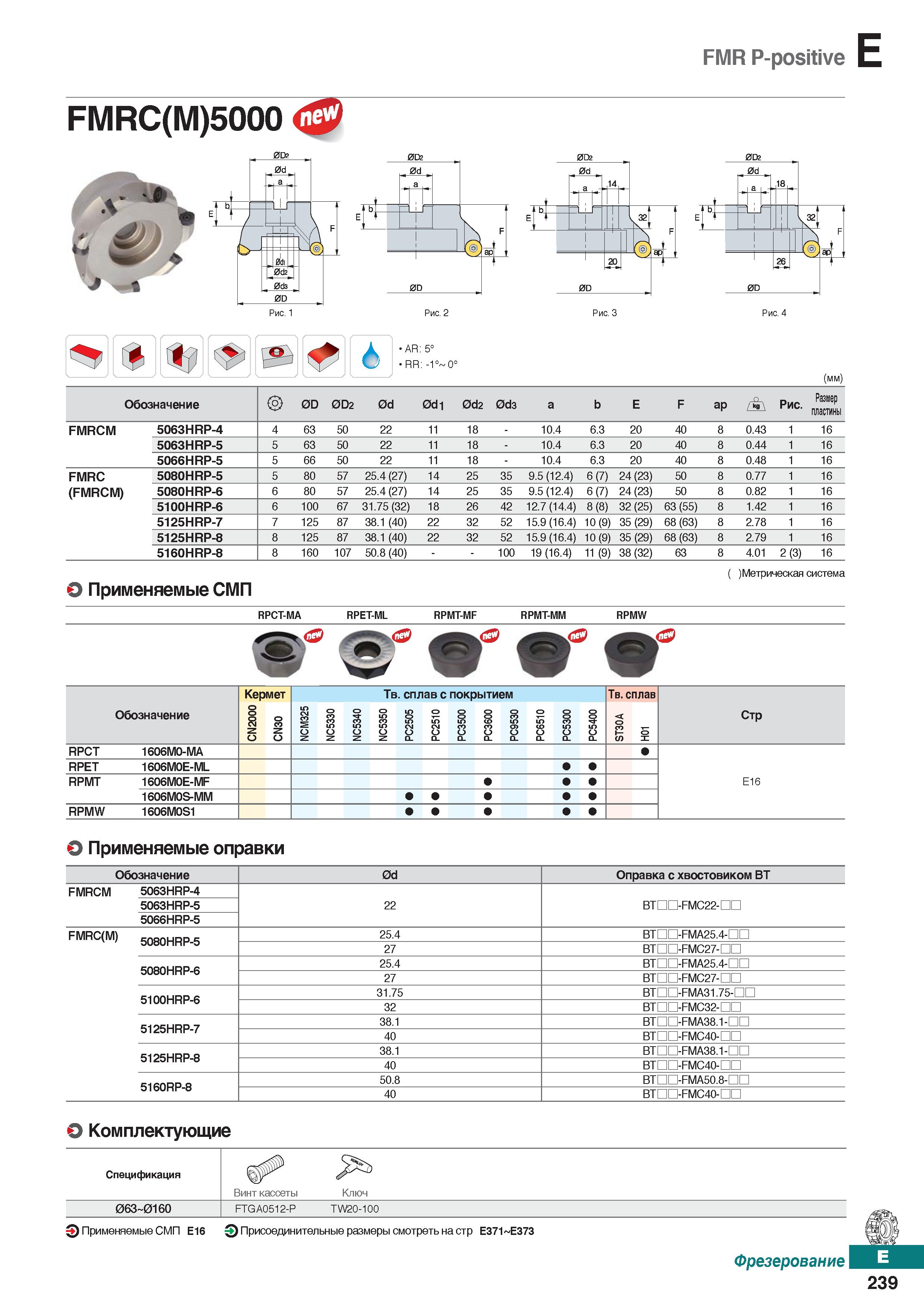 670 FMR P-positive FMRC(M)5000 <Ф 0D2 AR: 5° RR: (mm) Обозначение 0D 0D2 0d 0di 0d2 0d3 a b E F ap > A Рис Размер пластины FMRCM 5063H Каталог KORLOY 2018 Инструмент и станочная оснастка Фрезы концевые монолитные по металлу Сверла спиральные Токарные расточные державки Цанговые патроны Стр. E239