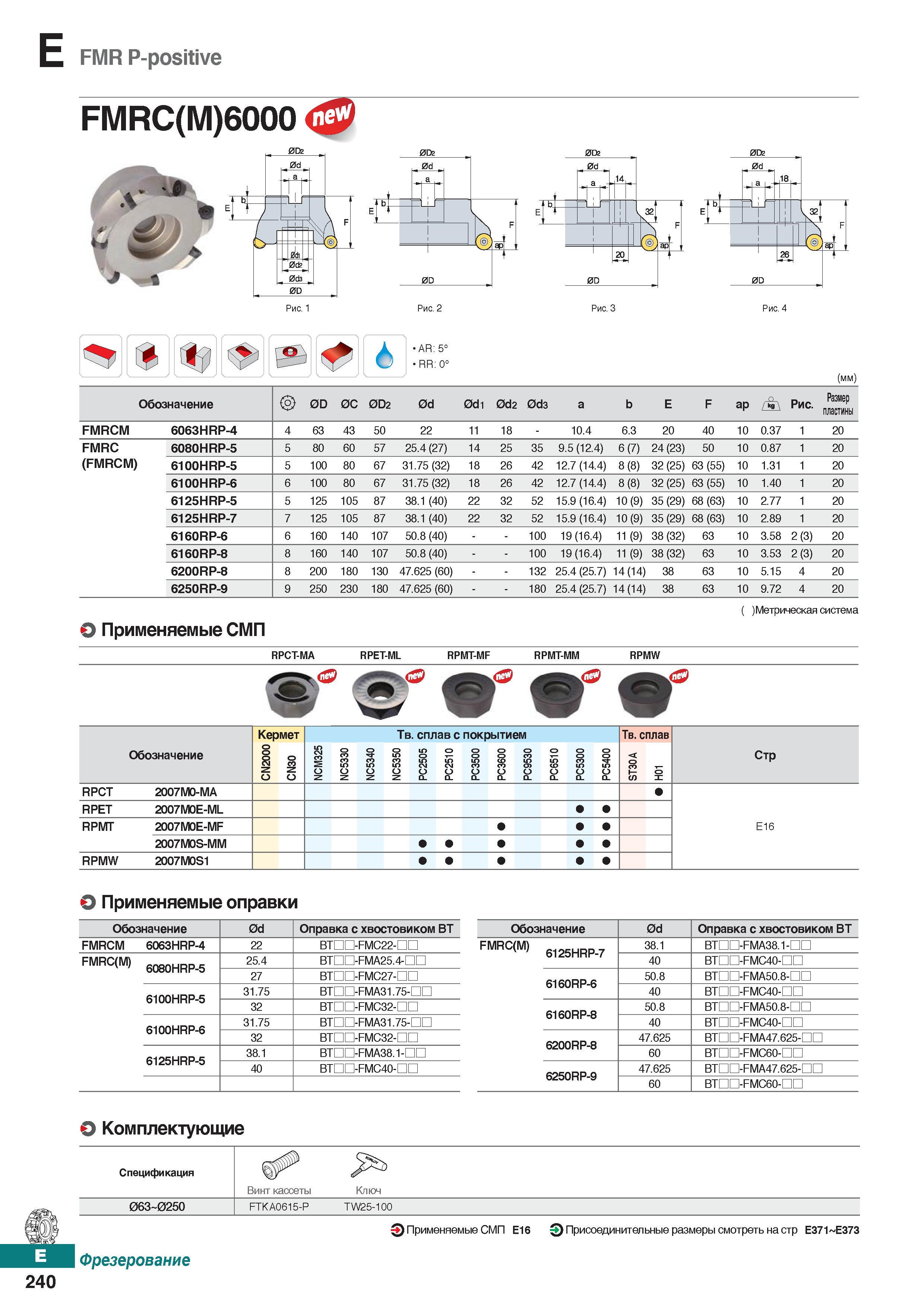 671 FMR P-positive 0P2 0d 4 AR: 5° RR: 0° (mm) Обозначение 0D 0C 0D2 0d 0di 0d2 0d3 a b E F ap Рис Размер пластины FMRCM 6063HRP-4 4 6 Каталог KORLOY 2018 Инструмент и станочная оснастка Фрезы концевые монолитные по металлу Сверла спиральные Токарные расточные державки Цанговые патроны Стр. E240