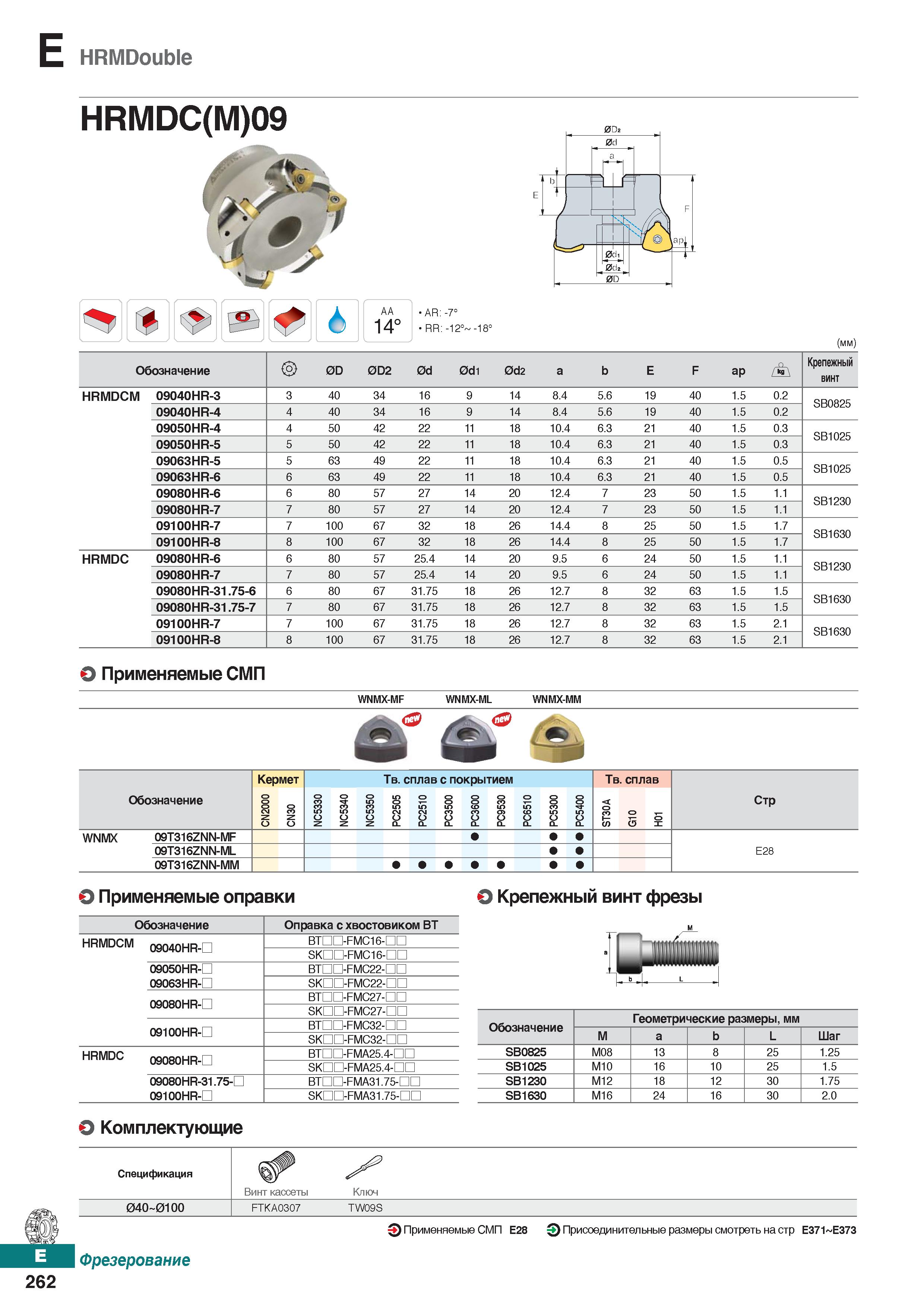 693 Фрезы Korloy HRMDouble HRMDC(M)09 Каталог KORLOY 2018 Инструмент и станочная оснастка Фрезы концевые монолитные по металлу Сверла спиральные Токарные расточные державки Цанговые патроны Стр. E262