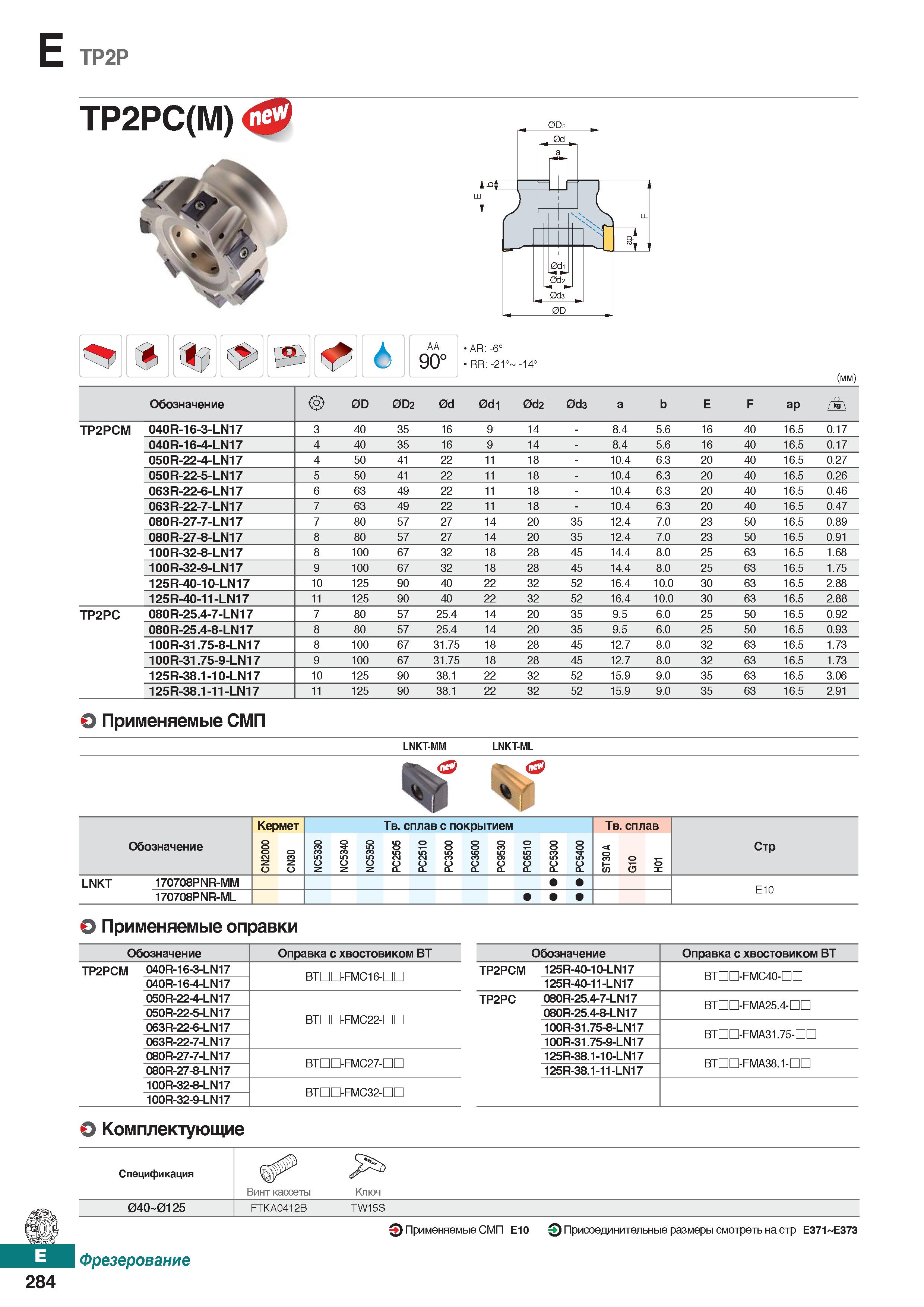 715 E TP2P 6 AA 90° AR:-60 RR: -210 -140 (мм) Обозначение 0D 0D2 0d 0di 0d2 0d3 a b E F ap ТР2РСМ 040R-16-3-LN17 3 40 35 16 9 14 - 8 4 Каталог KORLOY 2018 Инструмент и станочная оснастка Фрезы концевые монолитные по металлу Сверла спиральные Токарные расточные державки Цанговые патроны Стр. E284