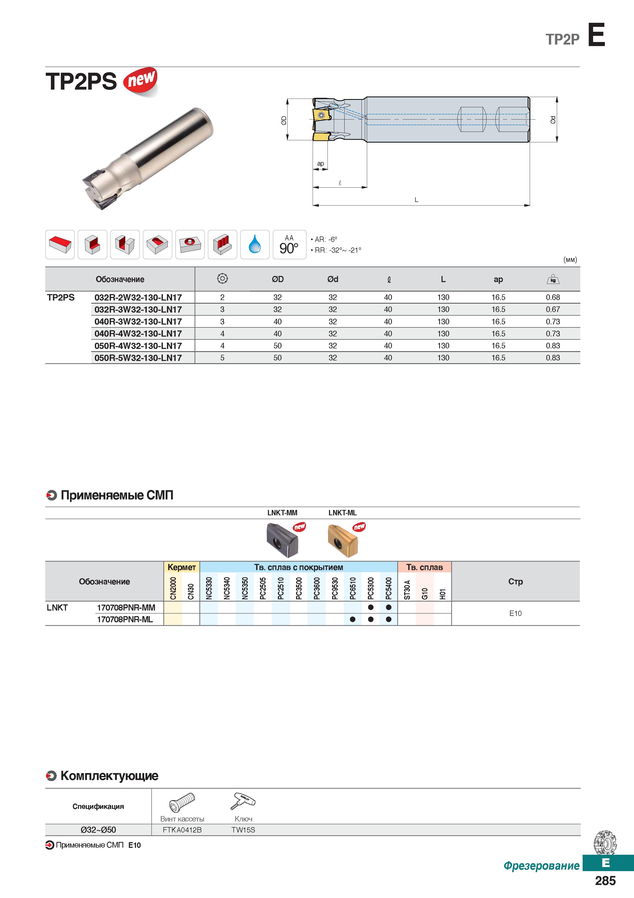 716 ТР2Р E TP2PSф AA 90° AR: -6° RR: -32° -21° (mm) Обозначение 0D 0d I L ap TP2PS 032R-2W32-130-LN17 2 32 32 40 130 16 5 0 68 032R-3W Каталог KORLOY 2018 Инструмент и станочная оснастка Фрезы концевые монолитные по металлу Сверла спиральные Токарные расточные державки Цанговые патроны Стр. E285