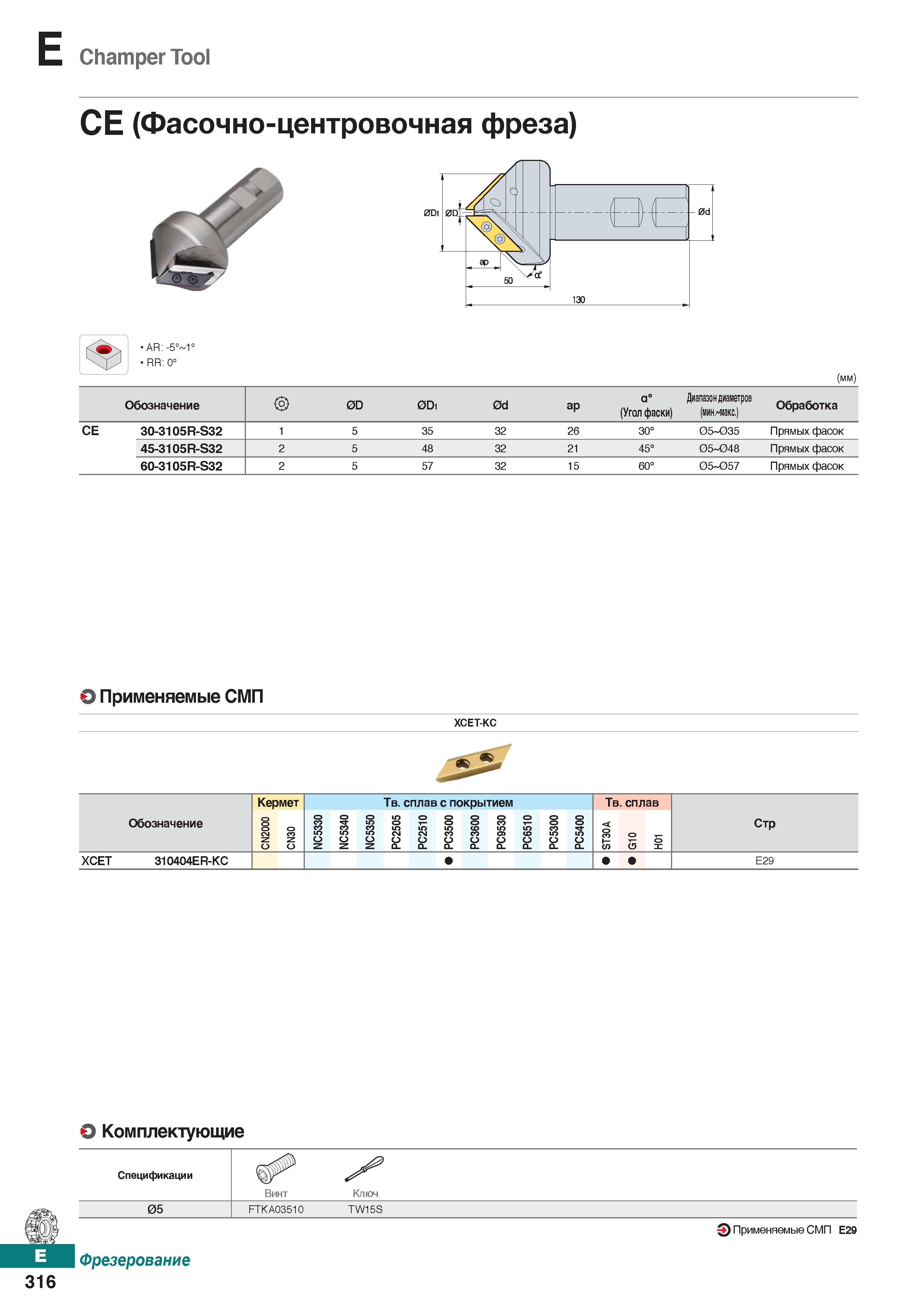 747 Champer Tool СЕ (Фасочно-центровочная фреза) AR: -5° 1° RR: 0° (mm) Обозначение OD ODi 0d ар а° (Угол фаски) Диапазондиаметров (ми Каталог KORLOY 2018 Инструмент и станочная оснастка Фрезы концевые монолитные по металлу Сверла спиральные Токарные расточные державки Цанговые патроны Стр. E316