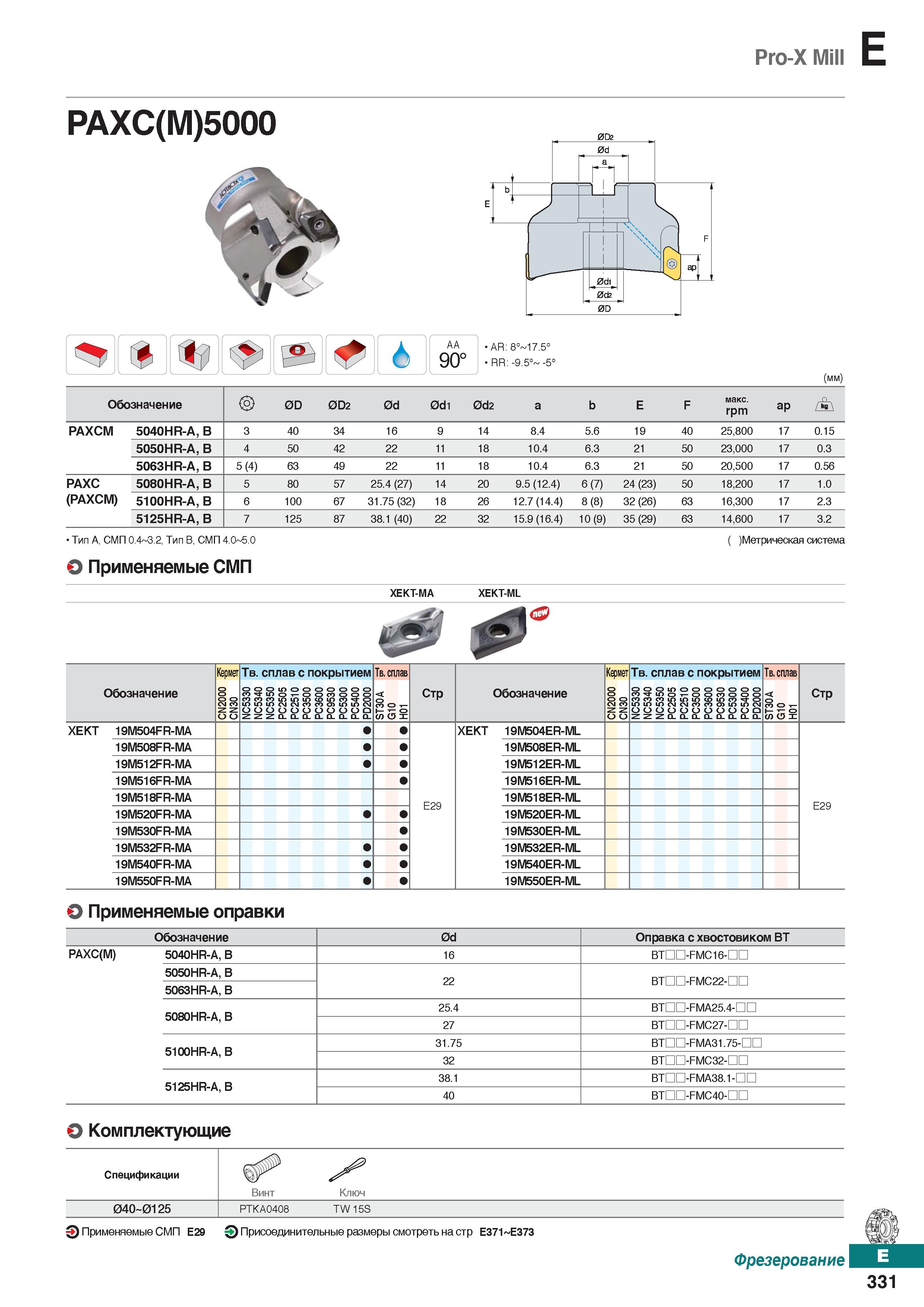 762 Pro-X Mill E PAXC(M)5000 6 АА 90° AR: 8° 17 5° RR: -9 5° -5° (mm) Обозначение OD 0D2 0d 0di 0d2 а b Е F макс rpm ар ъ РАХСМ 5040HR Каталог KORLOY 2018 Инструмент и станочная оснастка Фрезы концевые монолитные по металлу Сверла спиральные Токарные расточные державки Цанговые патроны Стр. E331