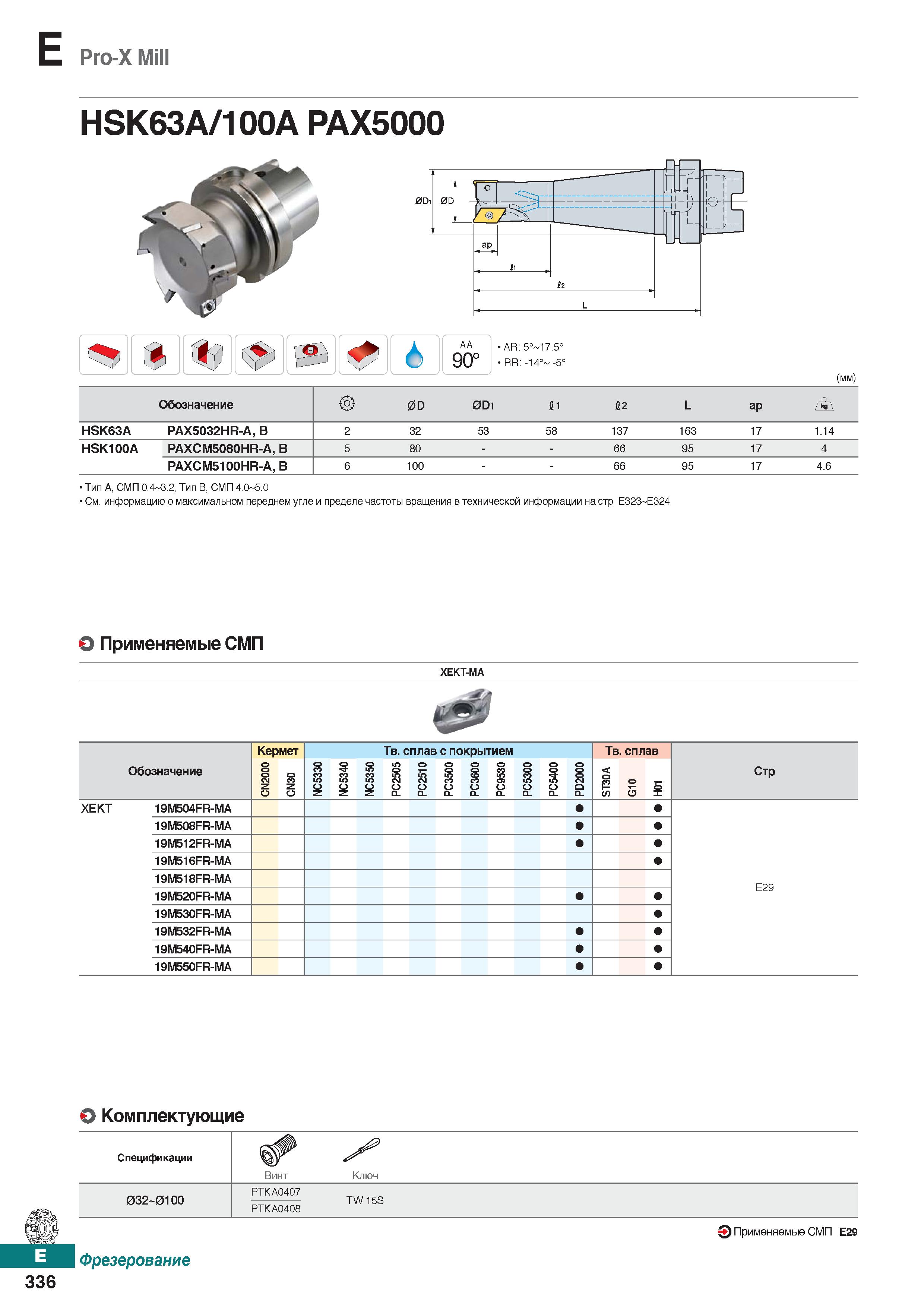 767 E Pro-X Mill HSK63A 100A PAX5000 АА AR: 5° 17 5° RR; -14° -5° (mm) Обозначение 0D 0D1 11 12 L ар ъ HSK63A PAX5032HR-A, В 2 32 53 5 Каталог KORLOY 2018 Инструмент и станочная оснастка Фрезы концевые монолитные по металлу Сверла спиральные Токарные расточные державки Цанговые патроны Стр. E336