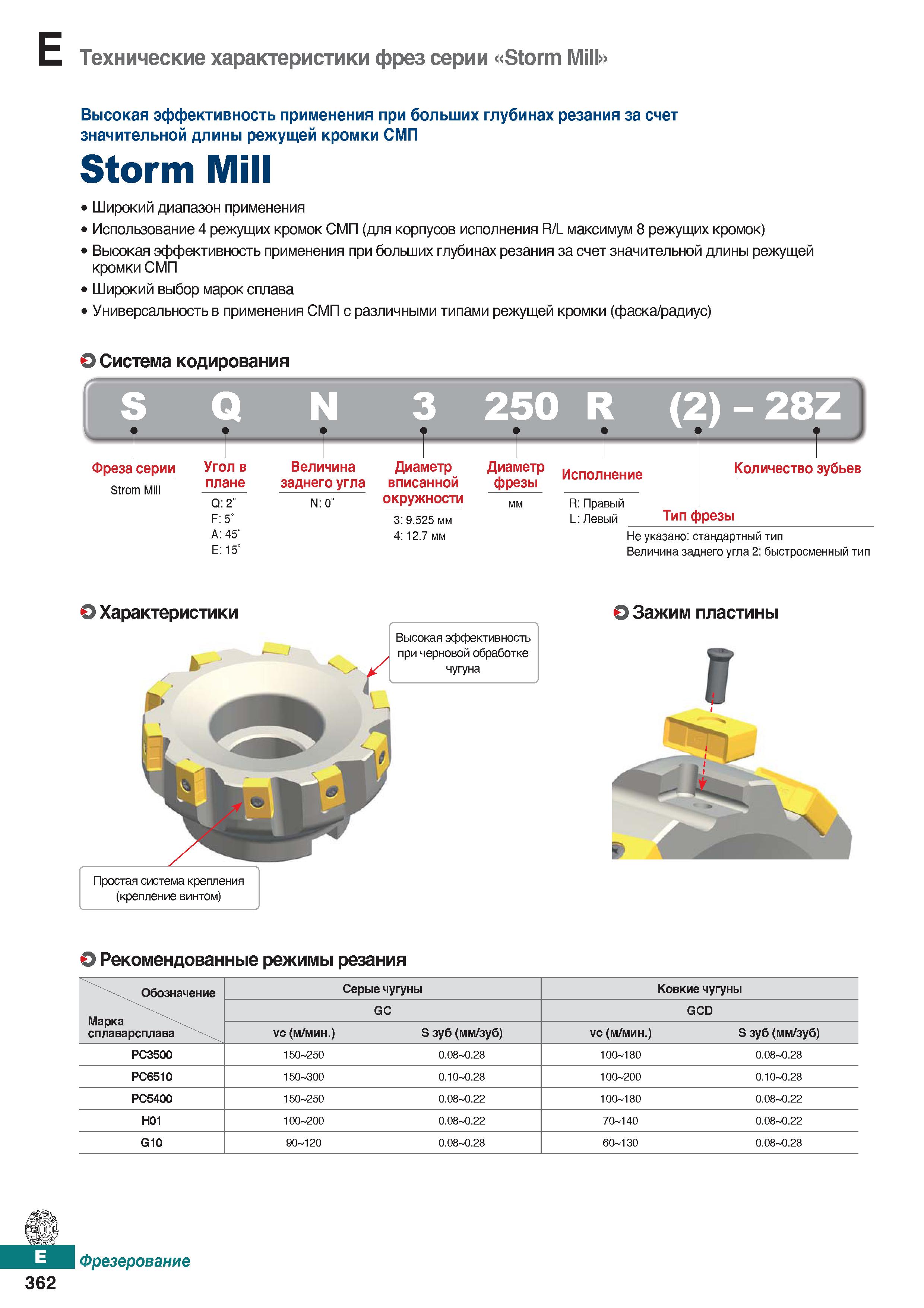 793 Фрезы Korloy Storm Mill Высокая эффективность применения при больших глубинах резания за счет значительной длины режущей кромки СМП Каталог KORLOY 2018 Инструмент и станочная оснастка Фрезы концевые монолитные по металлу Сверла спиральные Токарные расточные державки Цанговые патроны Стр. E362