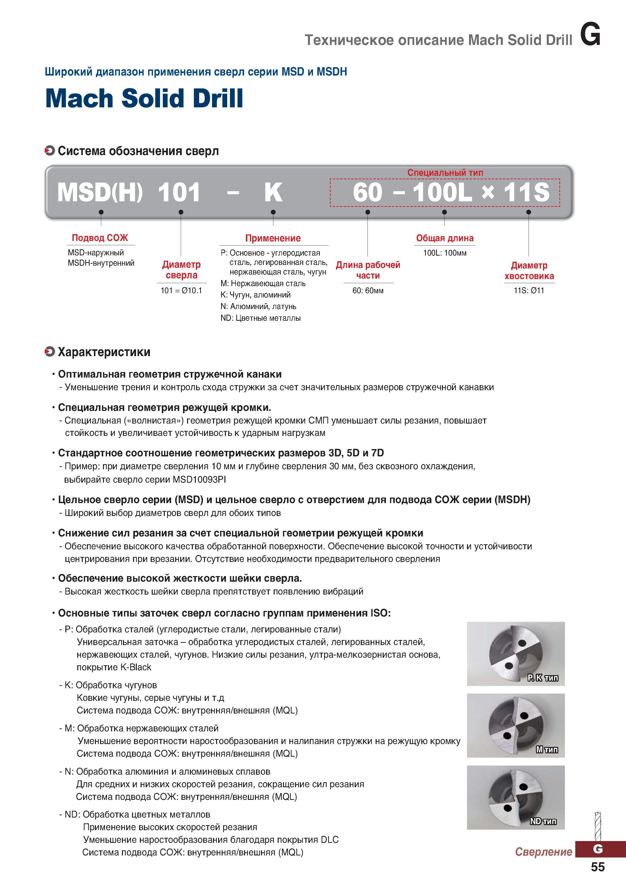986 Широкий диапазон применения спиральных твердосплавных сверл серии MSD и MSDH Mach Solid Drill Система обозначения инструмента Каталог KORLOY 2018 Инструмент и станочная оснастка Фрезы концевые монолитные по металлу Сверла спиральные Токарные расточные державки Цанговые патроны Стр. G55