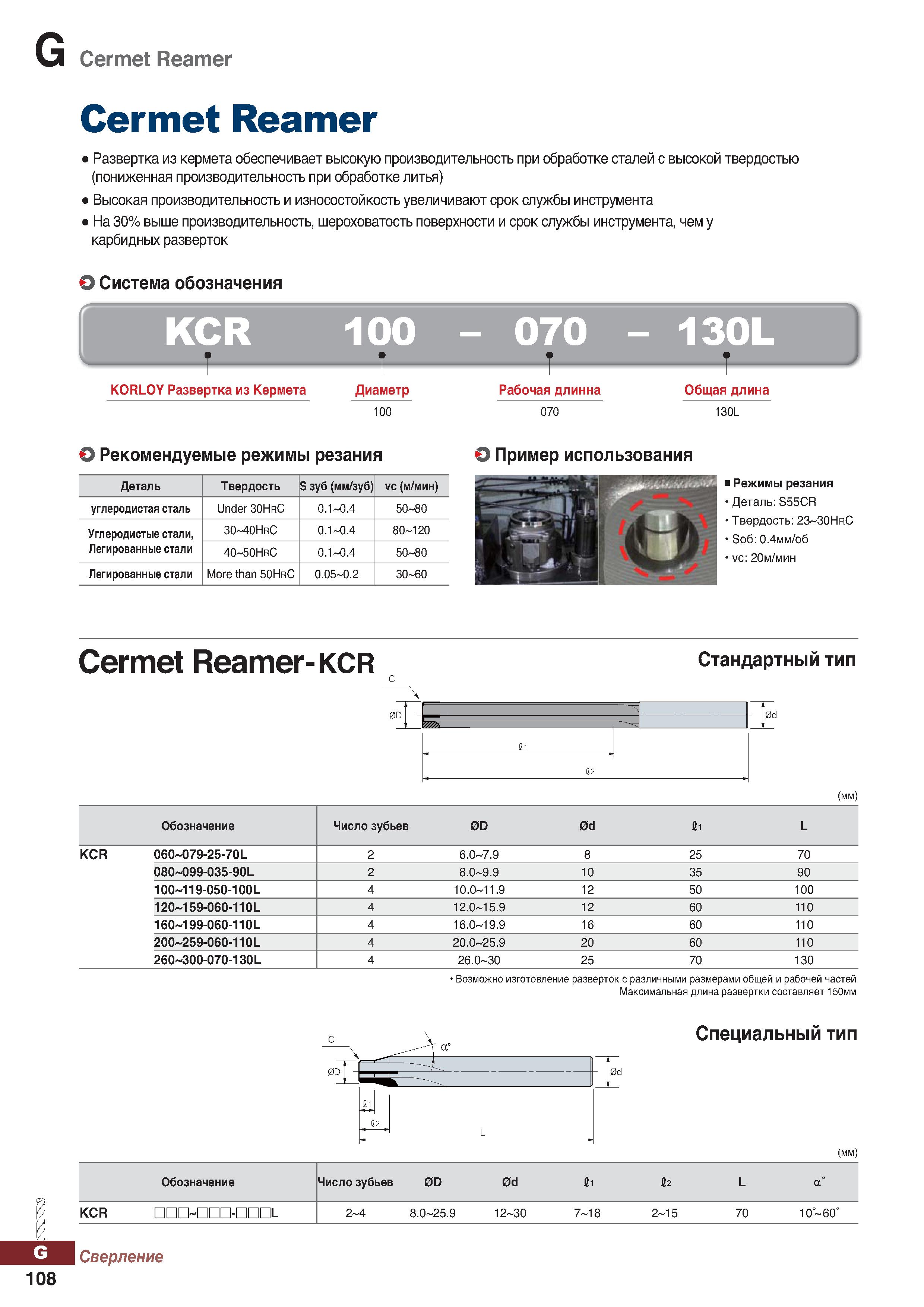 1039 Развертка Korloy Cermet Reamer из кермета обеспечивает высокую производительность при обработке сталей с высокой твердостью Каталог KORLOY 2018 Инструмент и станочная оснастка Фрезы концевые монолитные по металлу Сверла спиральные Токарные расточные державки Цанговые патроны Стр. G108