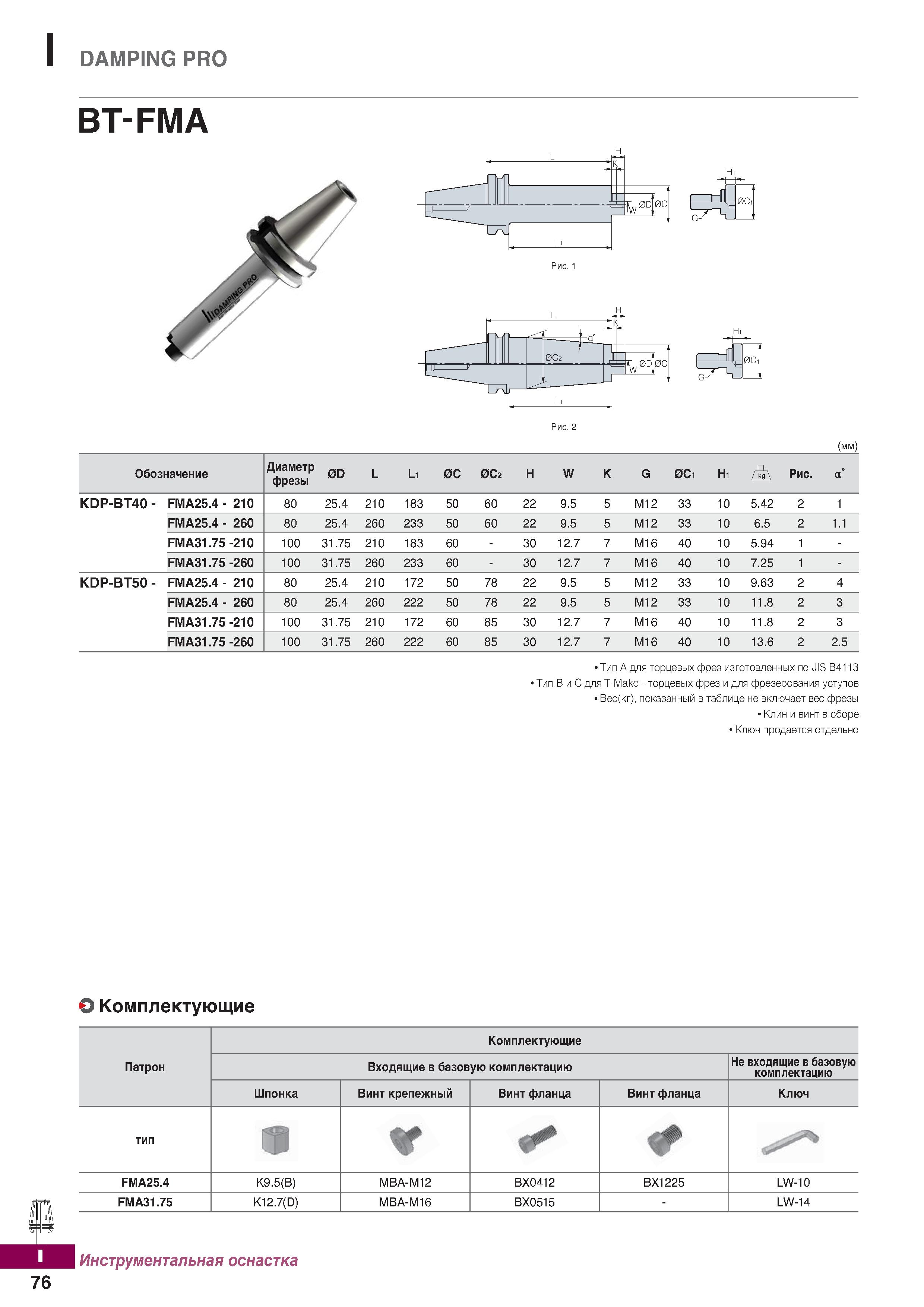 1133 DAMPING PRO BT-FMA 0C (mm) Обозначение Диаметр фрезы 0D L Li 0С 0С2 H W K G 0С1 Hi Рис а KDP-BT40 - FMA25 4 - 210 80 25 4 210 183 Каталог KORLOY 2018 Инструмент и станочная оснастка Фрезы концевые монолитные по металлу Сверла спиральные Токарные расточные державки Цанговые патроны Стр. I76