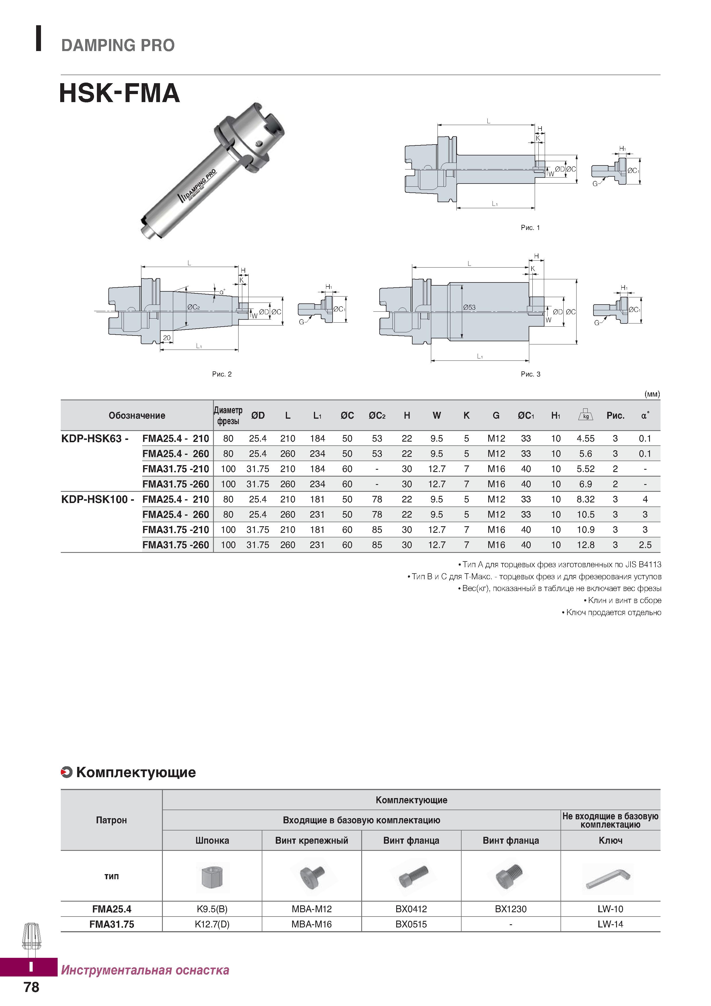 1135 DAMPING PRO HSK-FMA (mm) Обозначение Диаметр фрезы 0D L Li 0С 0С2 H W K G 0С1 Hi Рис а KDP-HSK63- FMA25 4- 210 80 25 4 210 184 50 Каталог KORLOY 2018 Инструмент и станочная оснастка Фрезы концевые монолитные по металлу Сверла спиральные Токарные расточные державки Цанговые патроны Стр. I78