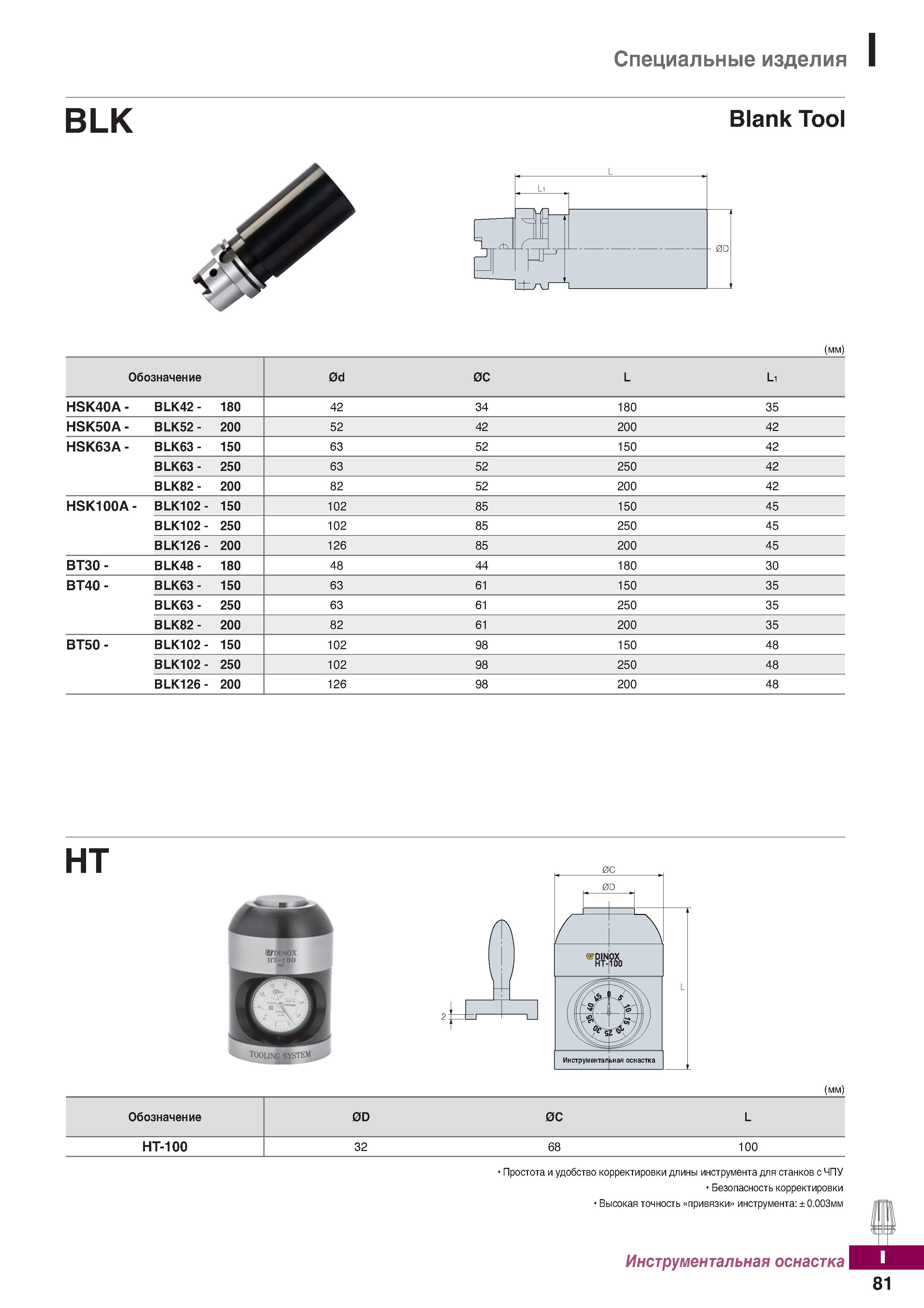 1138 Специальные изделия BLK Blank Tool (мм) Обозначение 0d 0С L Li HSK40A - BLK42- 180 42 34 180 35 HSK50A - BLK52- 200 52 42 200 42 H Каталог KORLOY 2018 Инструмент и станочная оснастка Фрезы концевые монолитные по металлу Сверла спиральные Токарные расточные державки Цанговые патроны Стр. I81