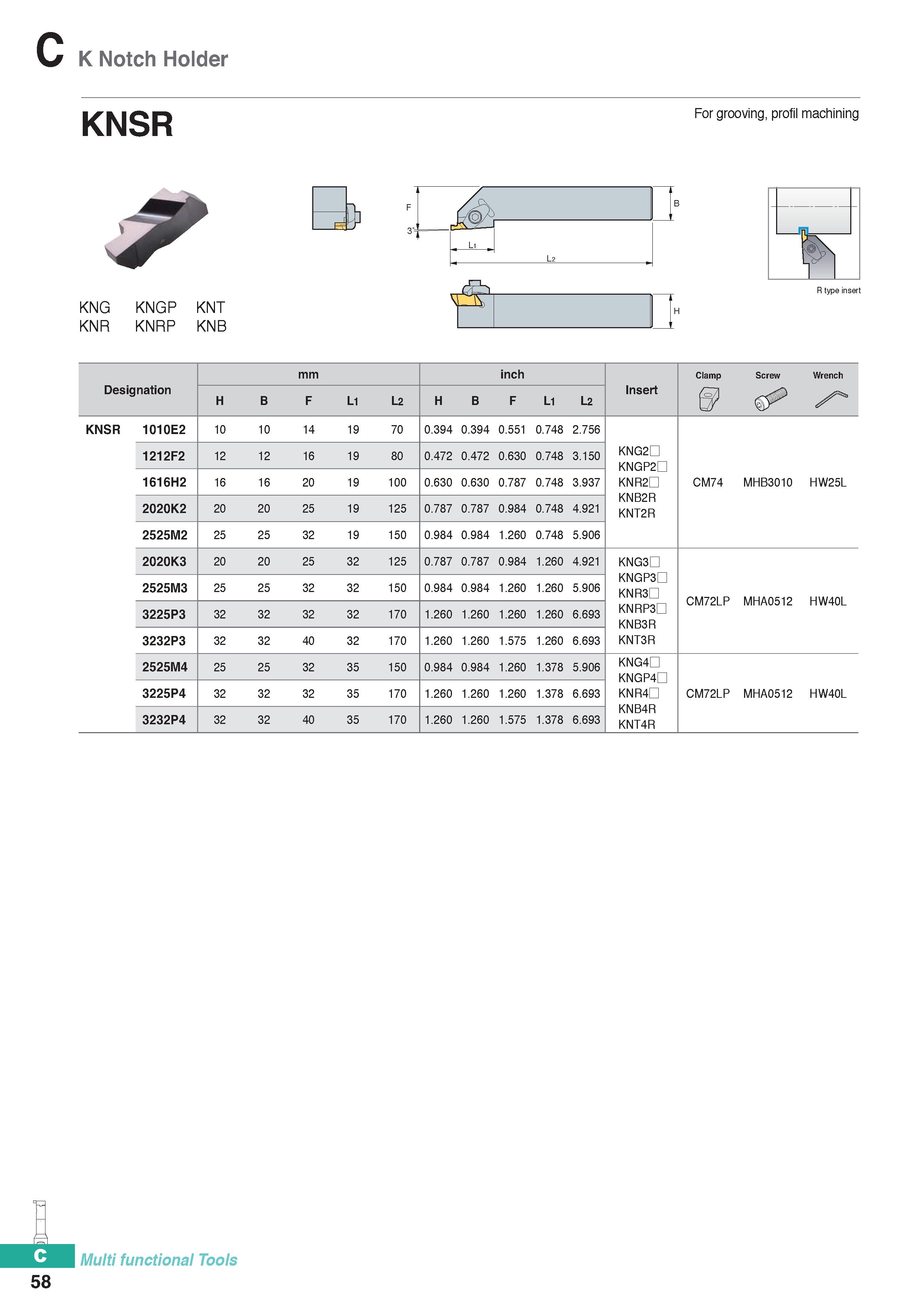 368 K Notch Holder 58 KNSR For grooving, profil machining KNG KNGP KNT KNR KNRP KNB Ji 1 / W ,L ii L, L2 ' SL- B H Designation mm inch Insert Clamp S Каталог KORLOY 2020 Режущий и вспомогательный инструмент для станков ЧПУ и универсальных Фрезы с СМП Сверла твердосплавные Резцы токарные Пластины сменные режущие Стр. C58