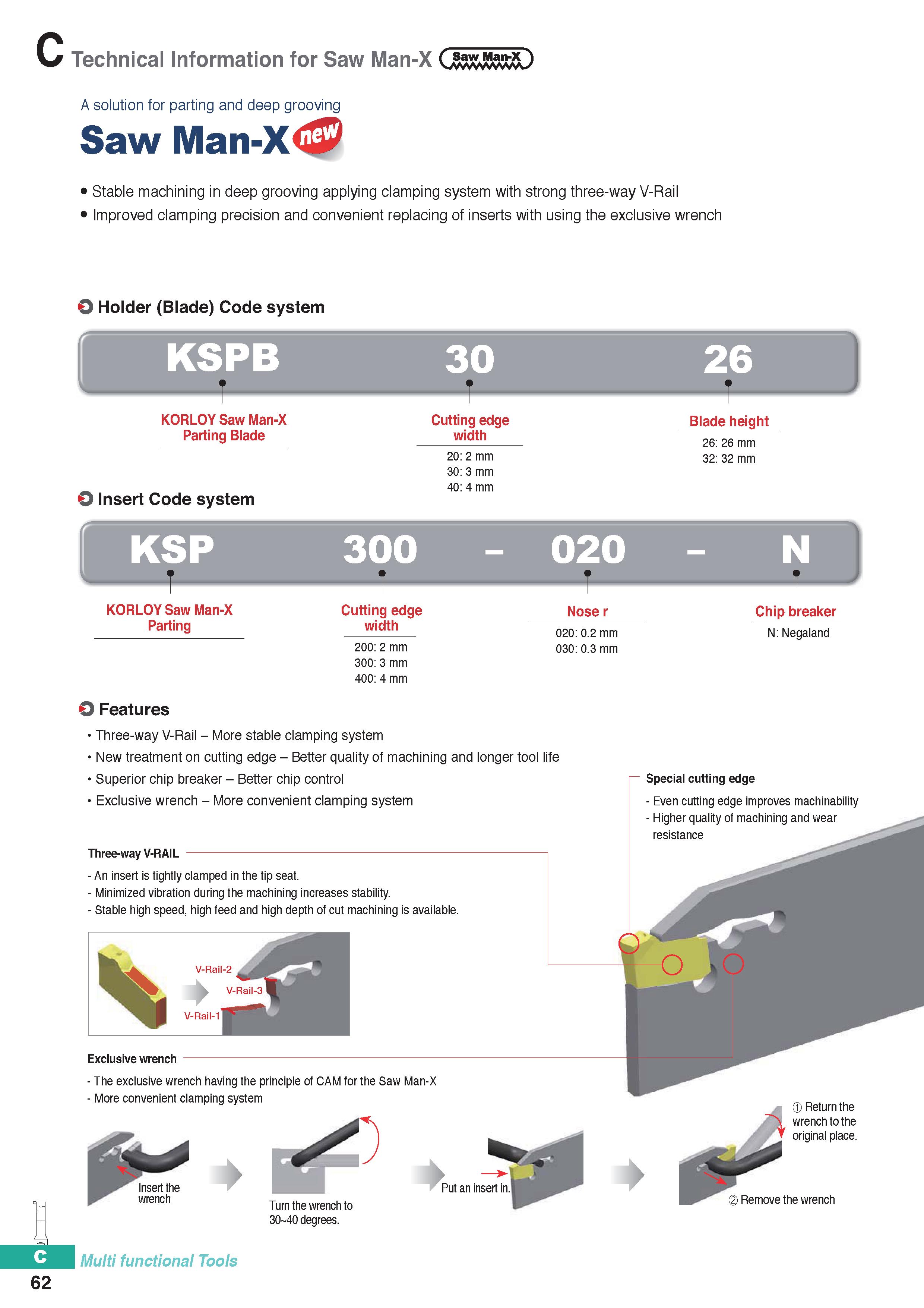 372 Technical Information for Saw Man-X 62 A solution for parting and deep grooving Saw Man-X Stable machining in deep grooving applying clamping sys Каталог KORLOY 2020 Режущий и вспомогательный инструмент для станков ЧПУ и универсальных Фрезы с СМП Сверла твердосплавные Резцы токарные Пластины сменные режущие Стр. C62