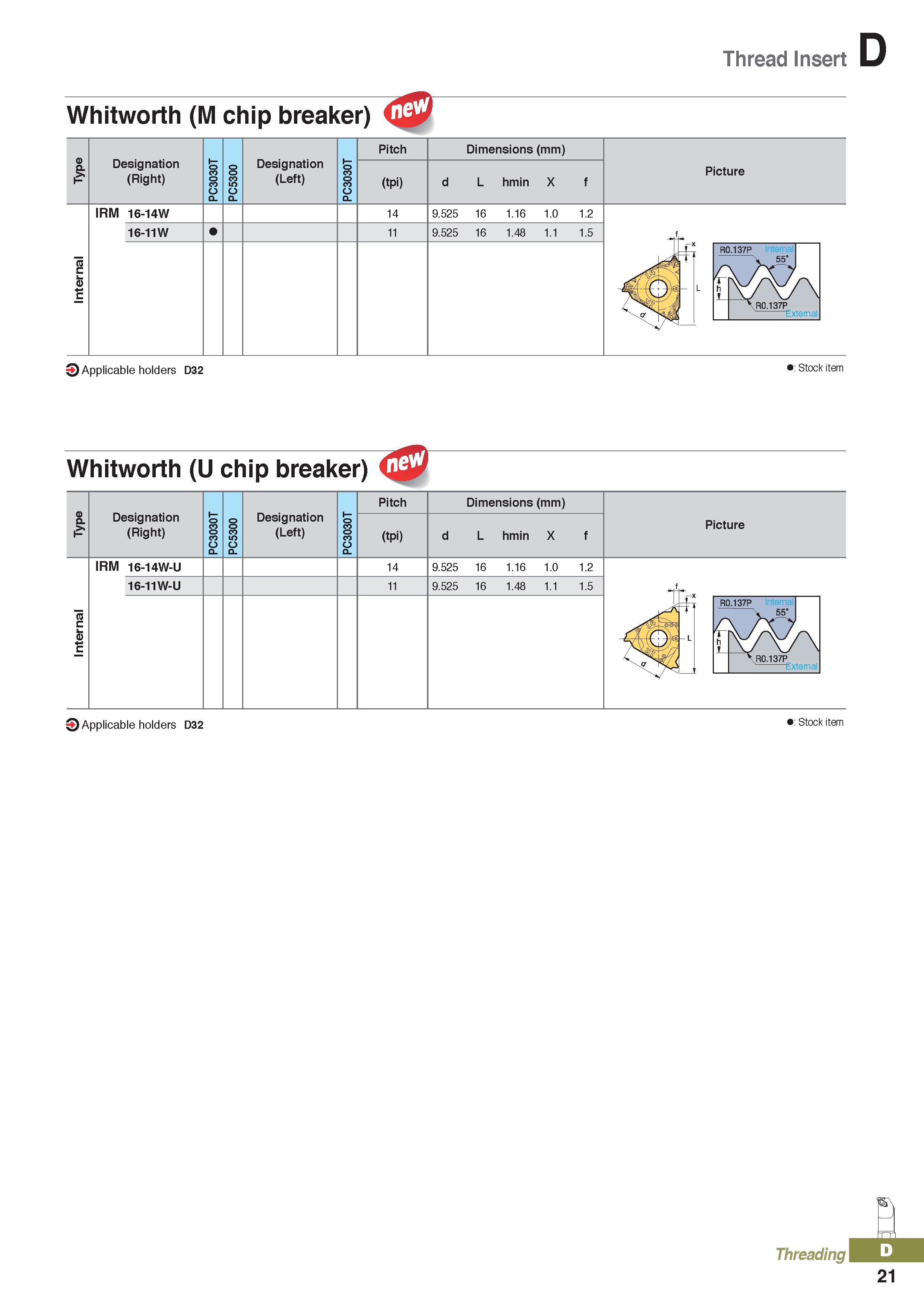 405 Thread Insert D Whitworth (M chip breaker) Designation (Right) Designation (Left) Pitch (tpi) Dimensions (mm) d L hmin X f Picture IRM 16-14W 16- Каталог KORLOY 2020 Режущий и вспомогательный инструмент для станков ЧПУ и универсальных Фрезы с СМП Сверла твердосплавные Резцы токарные Пластины сменные режущие Стр. D21