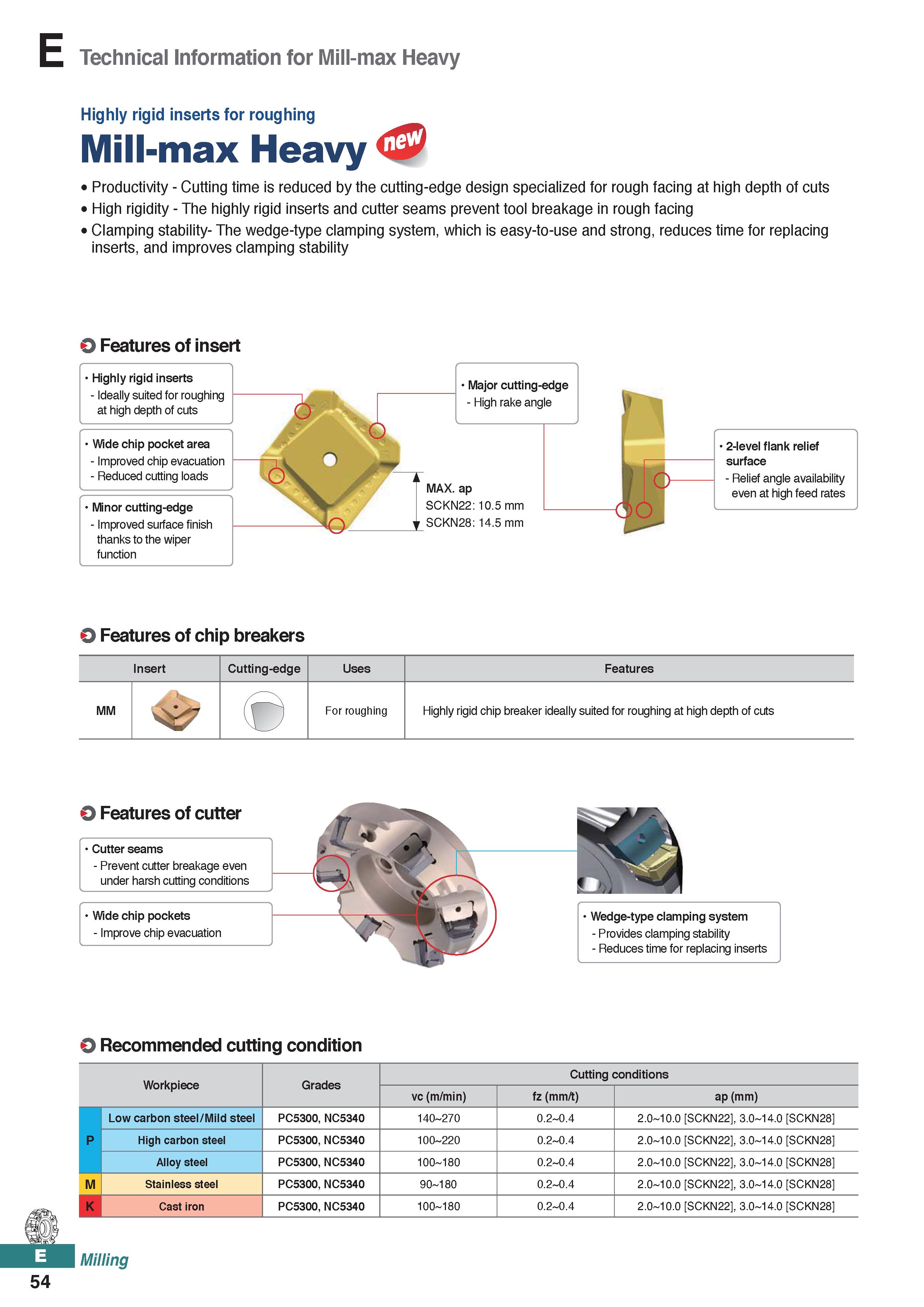 512 Technical Information for Mill-max Heavy Highly rigid inserts for roughing Mill-max Heavy dP Productivity - Cutting time is reduced by the cuttin Каталог KORLOY 2020 Режущий и вспомогательный инструмент для станков ЧПУ и универсальных Фрезы с СМП Сверла твердосплавные Резцы токарные Пластины сменные режущие Стр. E54